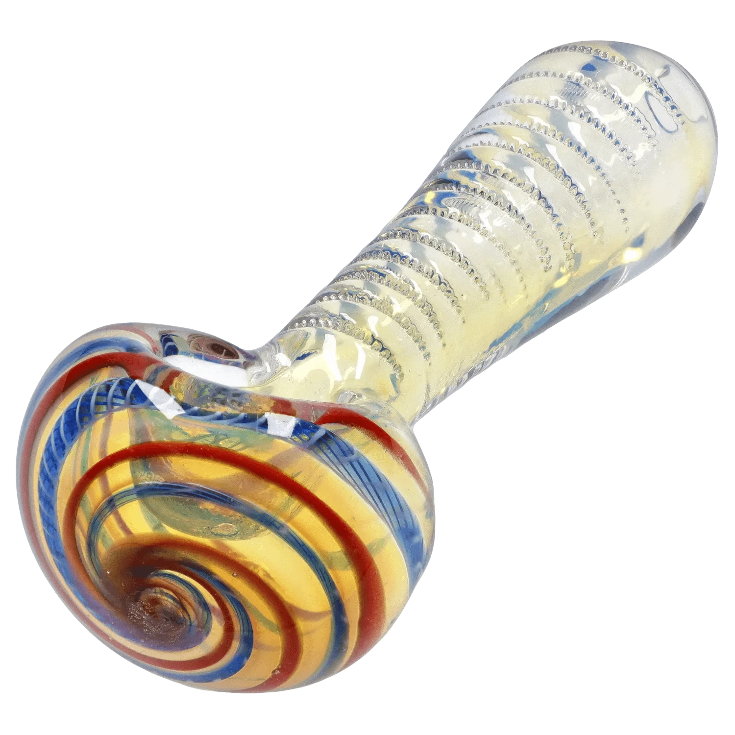 Angled close-up of the DHC Engraved Fumed Spoon Pipe - 3 in., showing its rounded bowl with red and blue spiral ribbons and a textured, translucent stem.