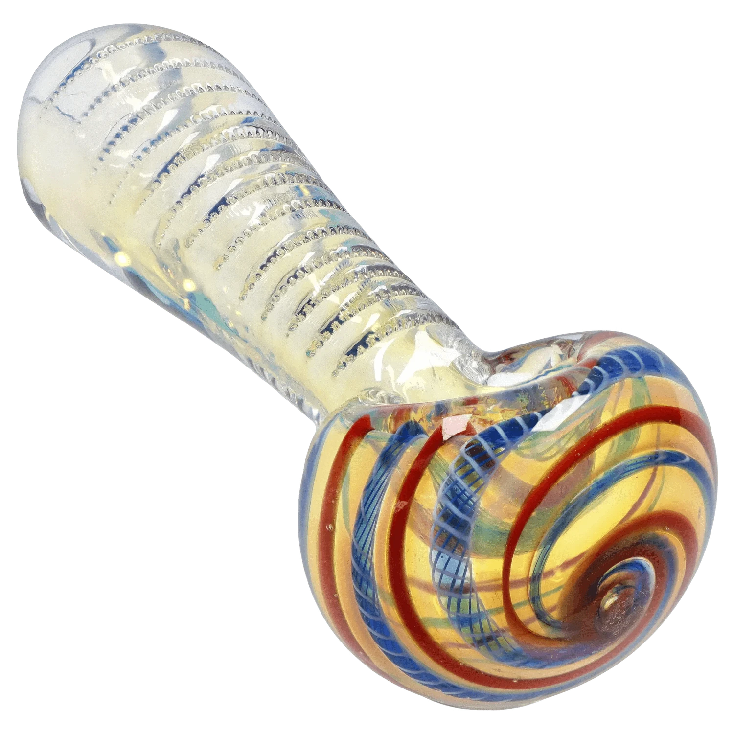 Angled close-up of the DHC Engraved Fumed Spoon Pipe - 3 in., showing its ribbed translucent stem and swirled yellow, red, and blue bowl.