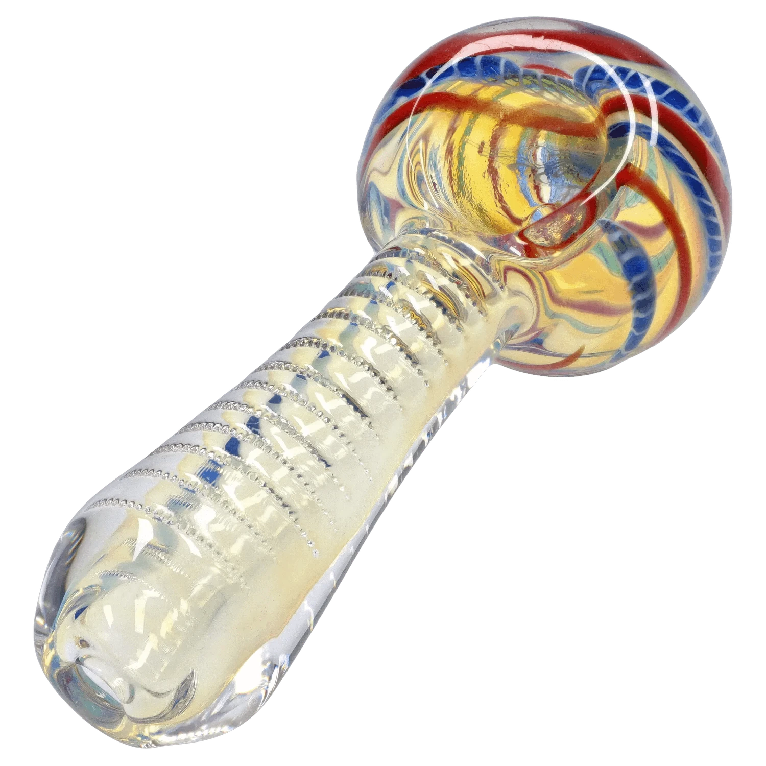 Angled close-up of the DHC Engraved Fumed Spoon Pipe - 3 in., showing its ribbed clear glass stem and colorful swirled bowl with red and blue accents