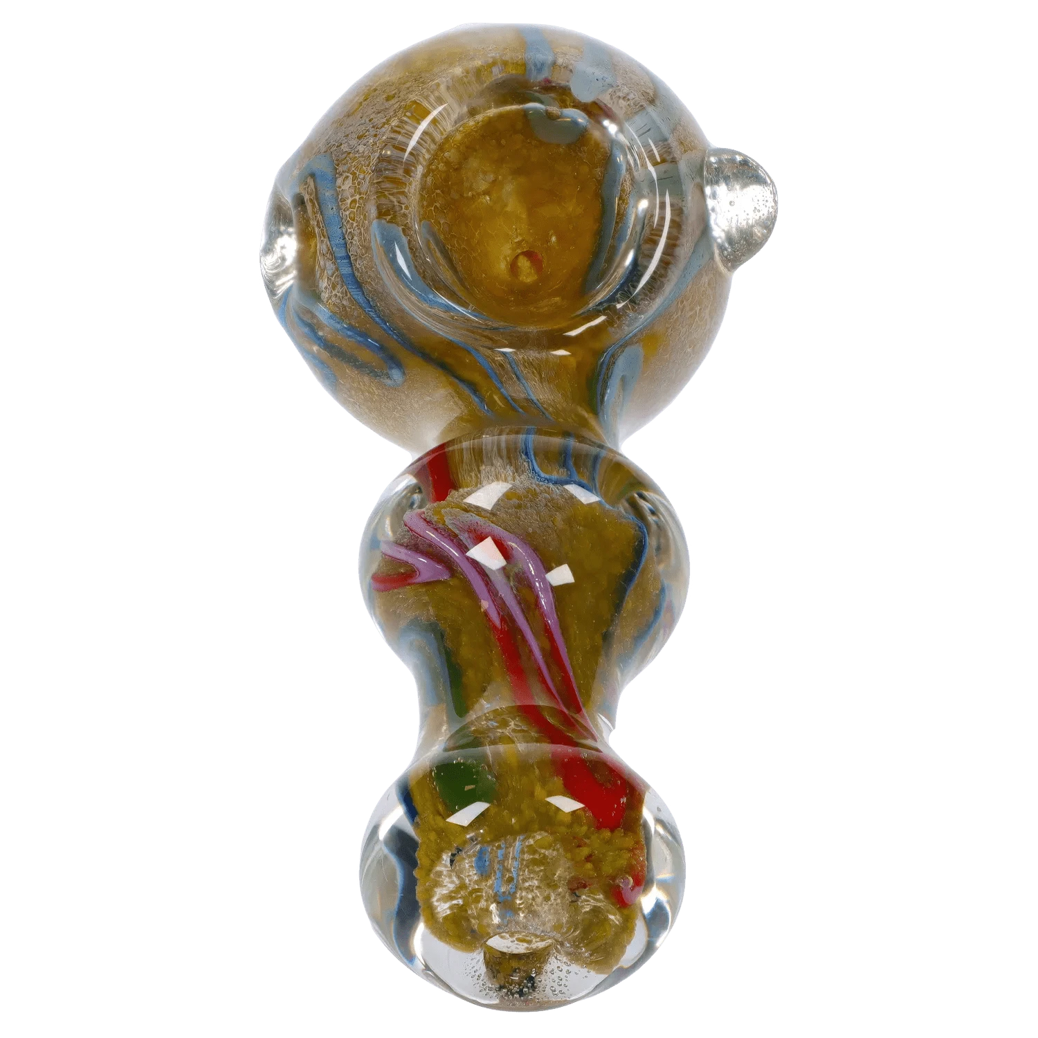Top-down close-up of the DHC Fancy Frit Spoon Pipe - 3.5 in. showing a round bowl and stacked glass beads with blue and red swirls.