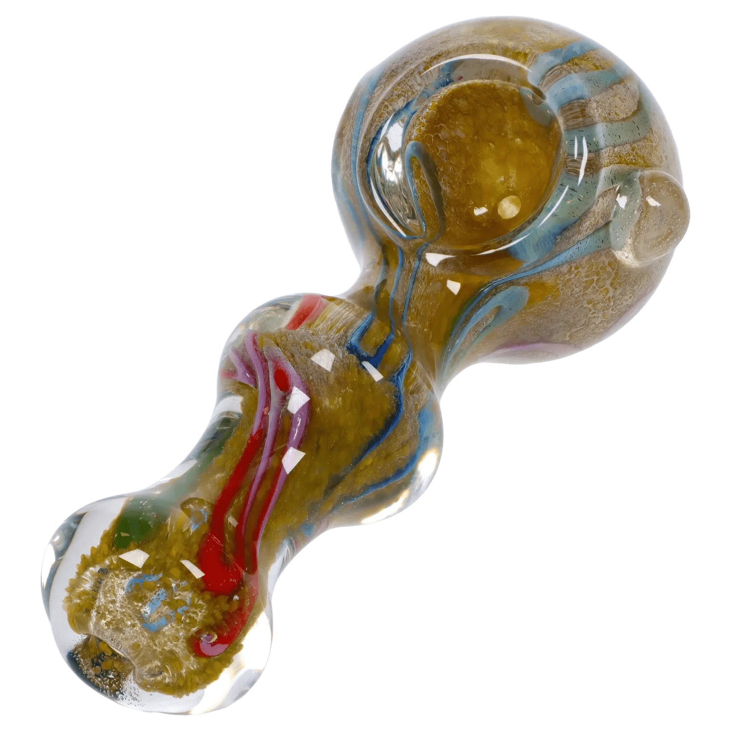 Angled close-up of the DHC Fancy Frit Spoon Pipe - 3.5 in. showing its bulbous bowl, swirled blue and red ribbons and amber fritted glass texture.