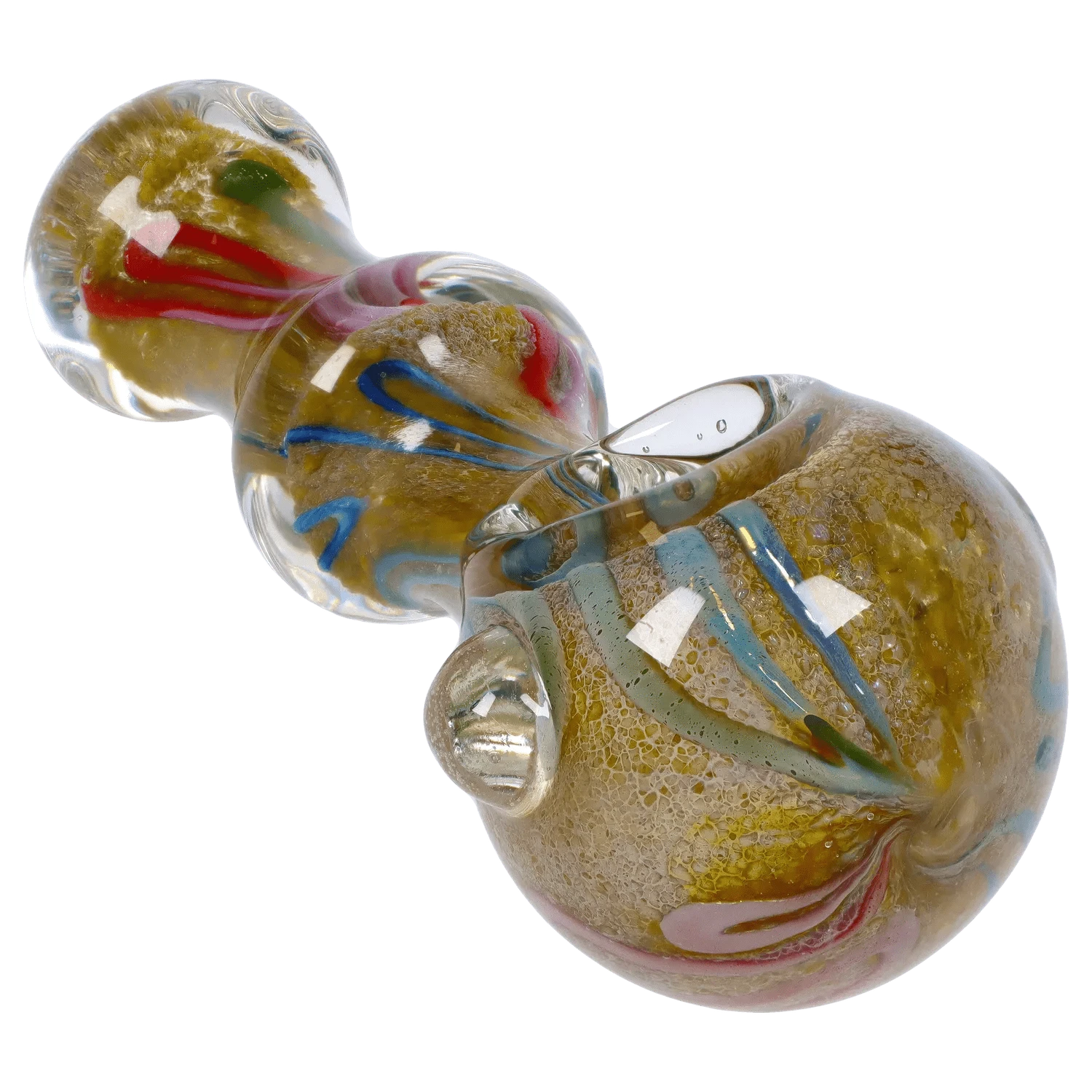 Angled close-up of the DHC Fancy Frit Spoon Pipe - 3.5 in., showing its rounded clear glass form with trapped air bubbles and colorful frit ribbons.