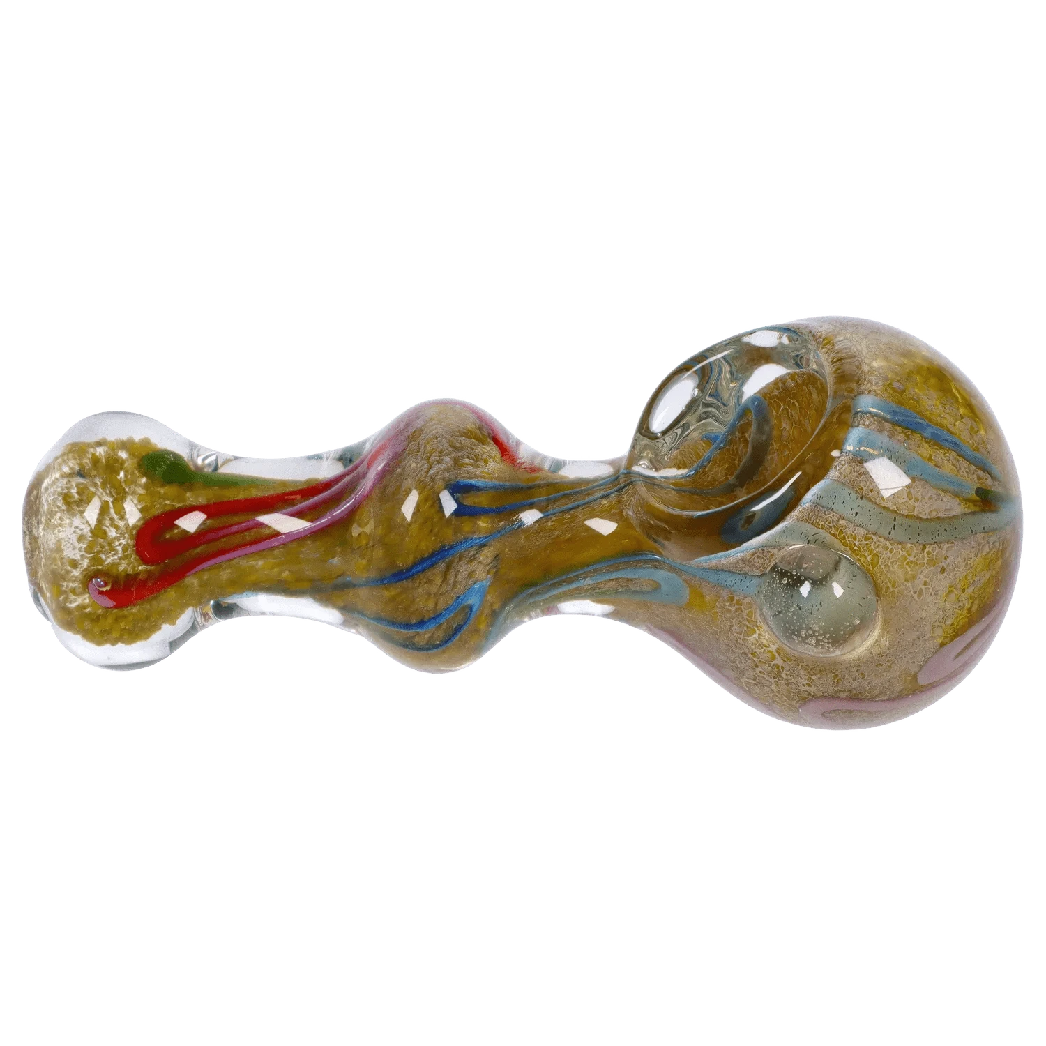 Side view of the DHC Fancy Frit Spoon Pipe - 3.5 in. showing a clear glass spoon with gold frit interior, blue and red ribbon accents, and rounded bowl.