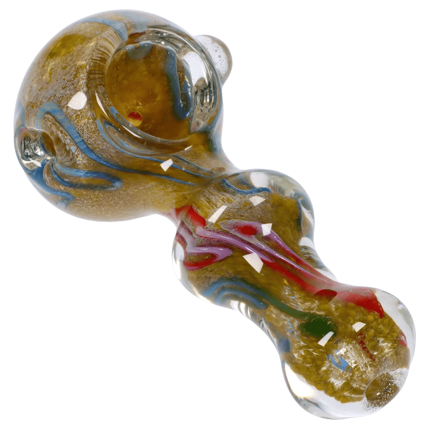 Angled close-up of the DHC Fancy Frit Spoon Pipe - 3.5 in. showing its bulbous glass bowl and twisted clear body with blue and red ribboned frits.