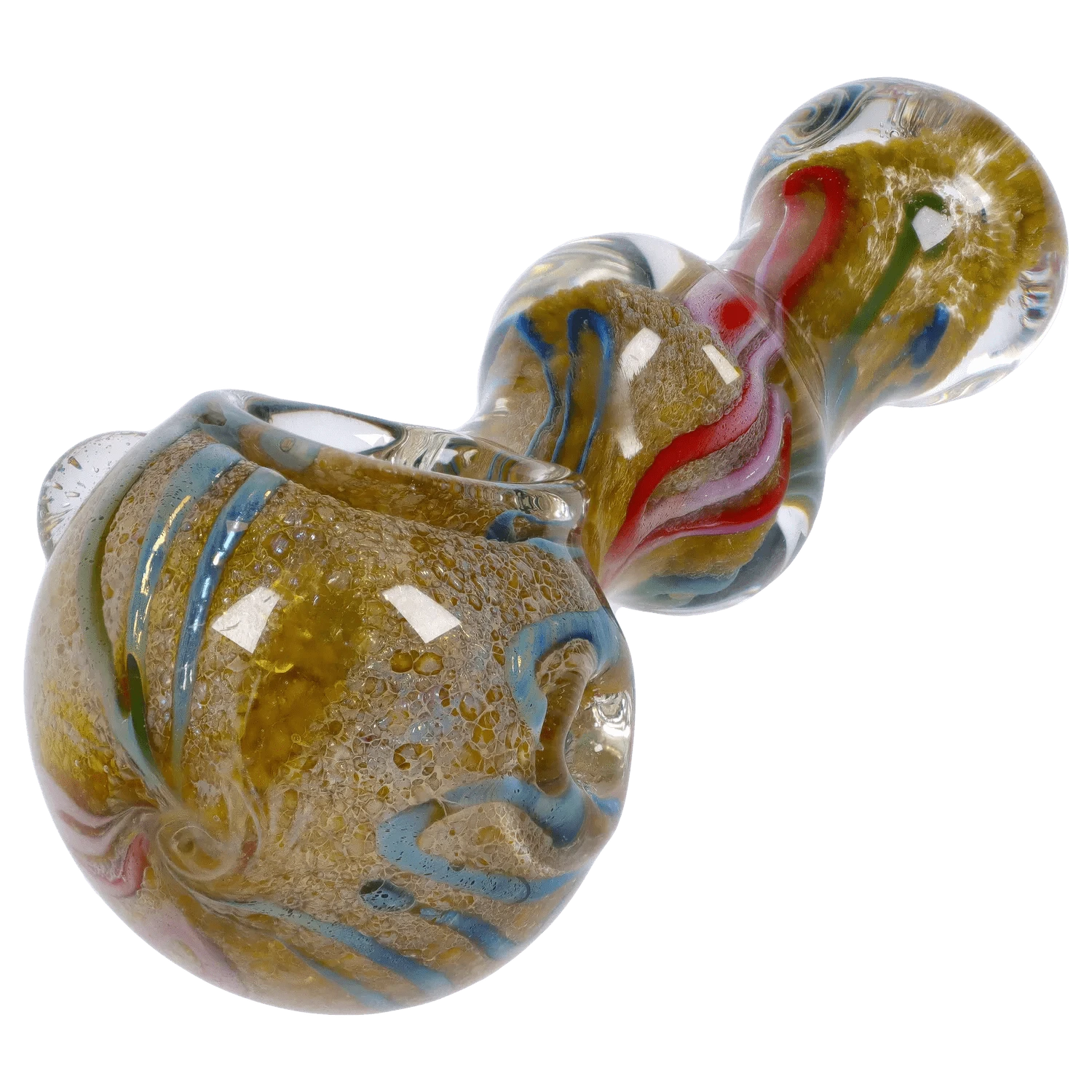 Close-up angled view of the DHC Fancy Frit Spoon Pipe - 3.5 in., showing its bulbous glass shape with amber frit texture and blue and red swirled ribbons.