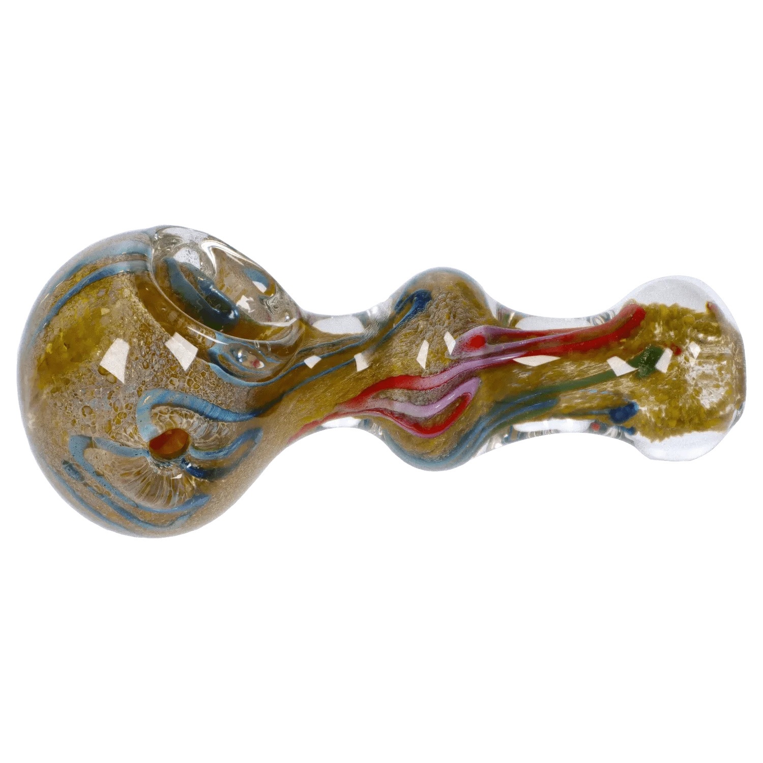 Top-down close-up of the DHC Fancy Frit Spoon Pipe - 3.5 in. showing its amber glass body with blue and red swirl accents and reflective highlights