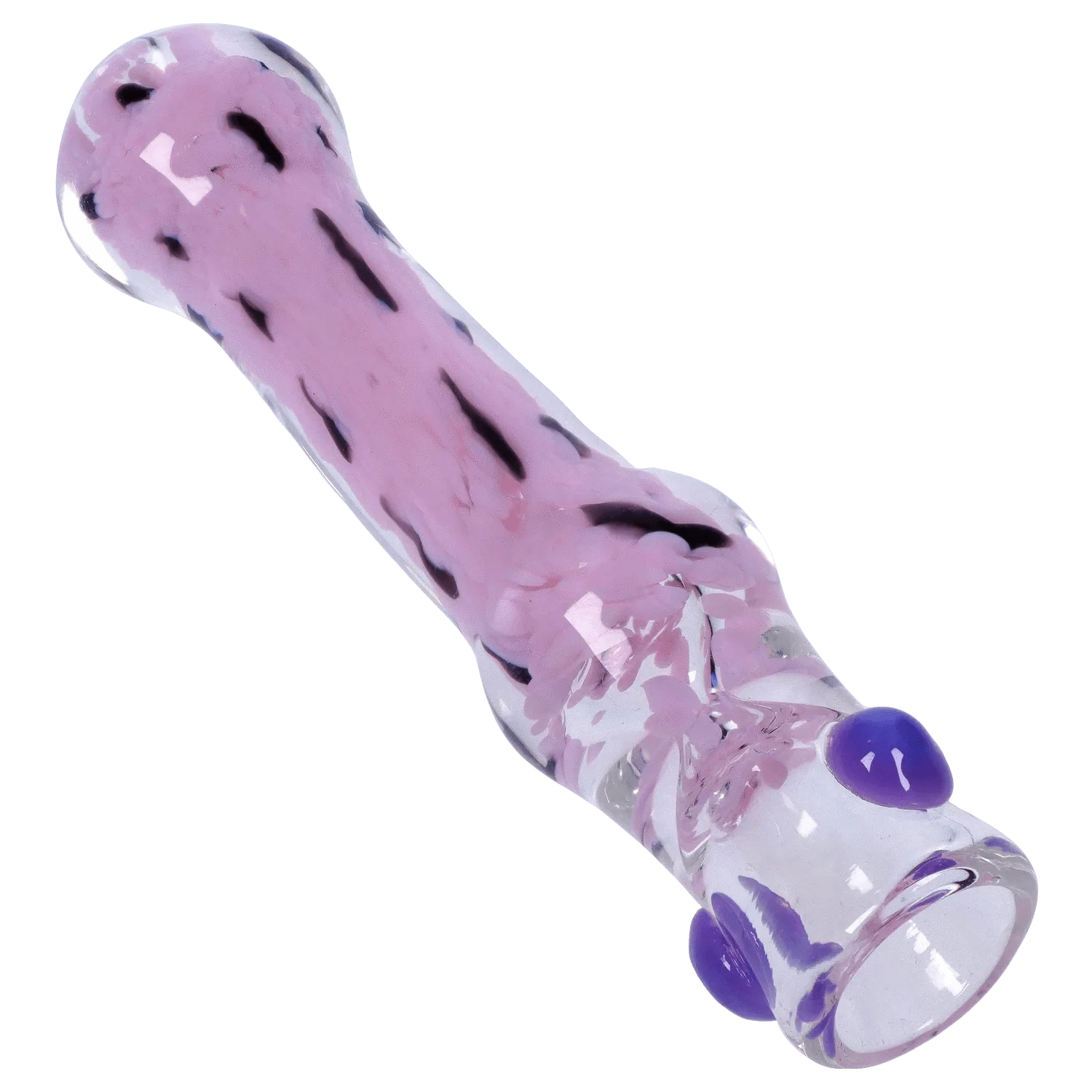 Angled close-up of the DHC Frit Cone One Hitter - 3 in., showing a clear glass tube with swirled pink frit and raised purple dots against a plain background
