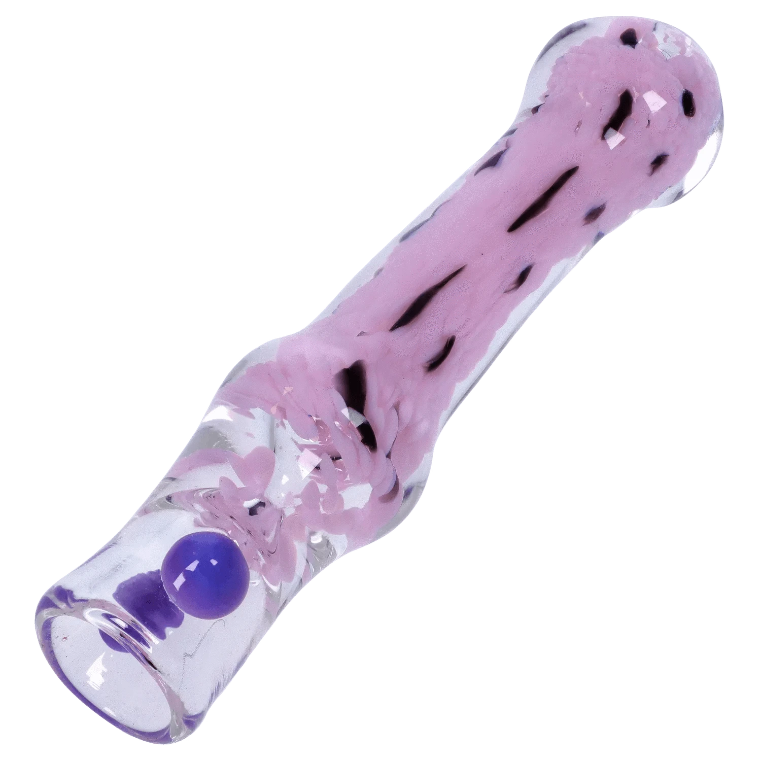 Angled close-up of the DHC Frit Cone One Hitter - 3 in. showing its clear glass body with swirled pink frit and a raised purple glass dot.