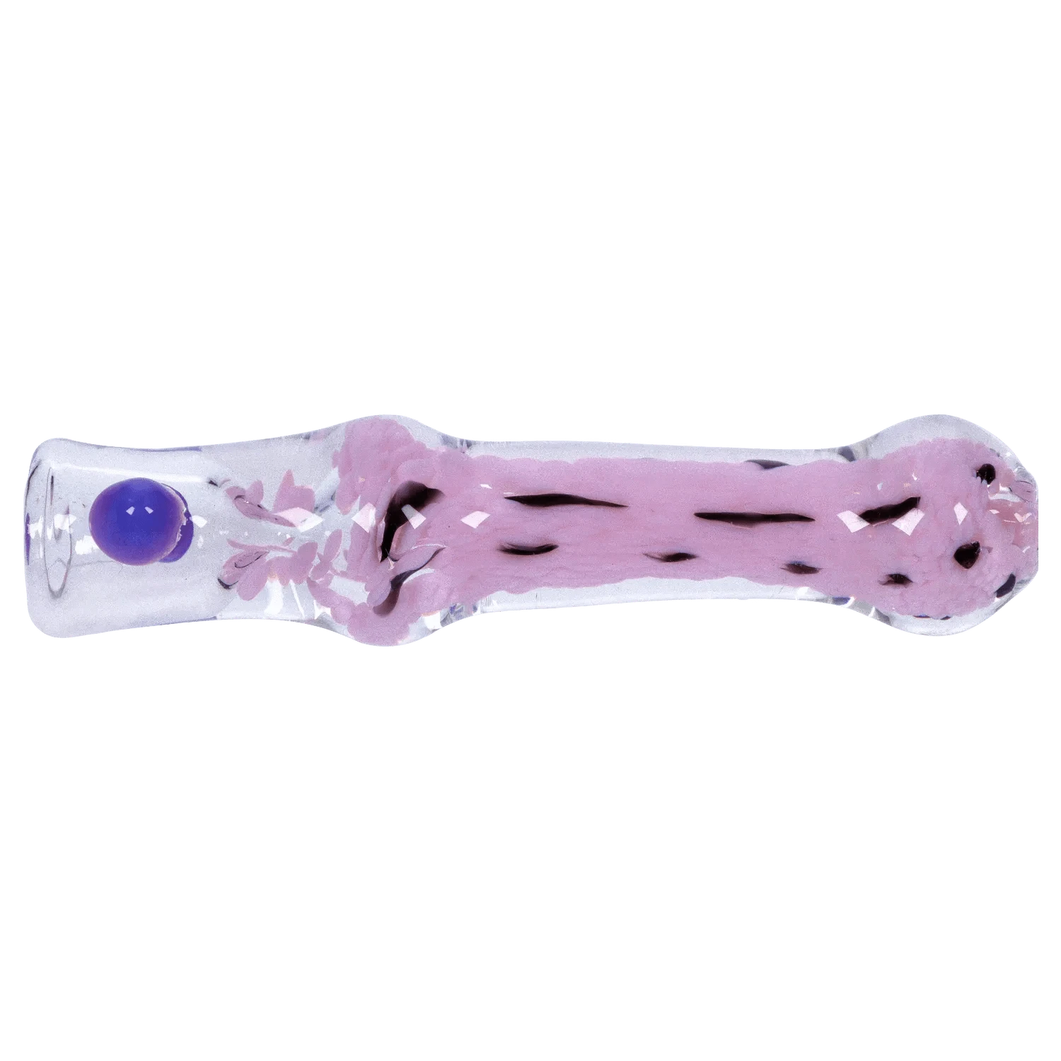 Side view of the DHC Frit Cone One Hitter - 3 in., a clear glass tube with a pink fritted core and a single blue glass dot near the mouthpiece