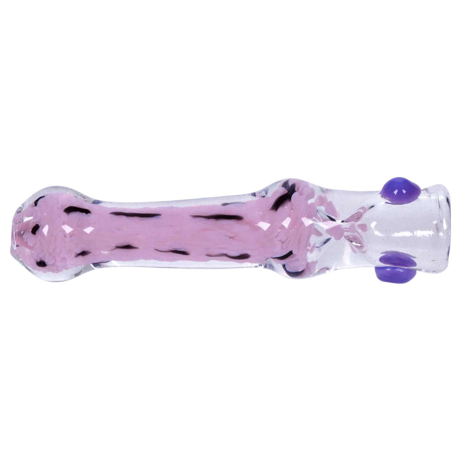 Top-down studio shot of the DHC Frit Cone One Hitter - 3 in. showing a clear glass tube with a pink frit core and three small purple glass dots.