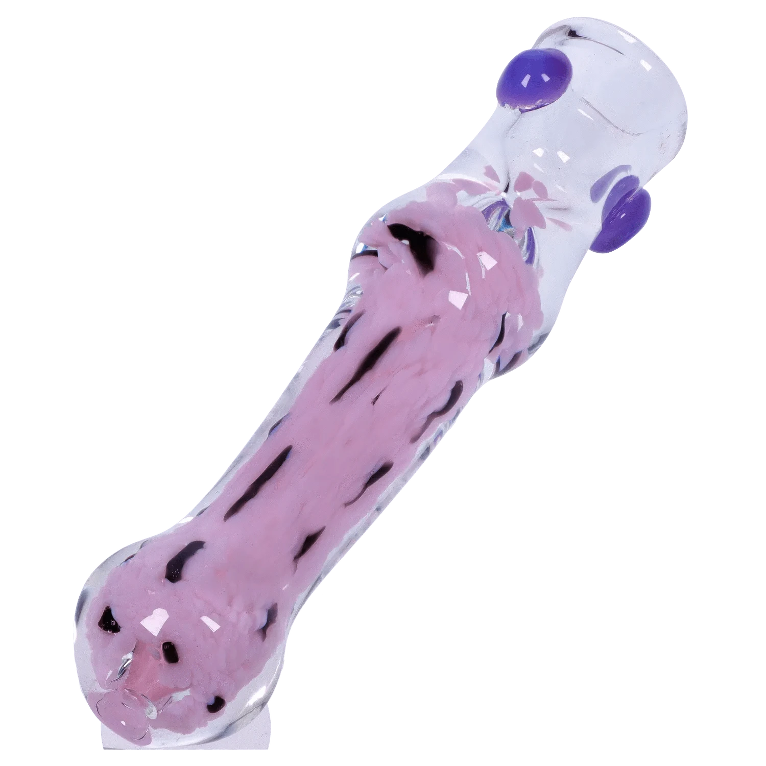 Angled close-up of the DHC Frit Cone One Hitter - 3 in. showing a clear glass tube with pink frit runneling and purple glass knobs.