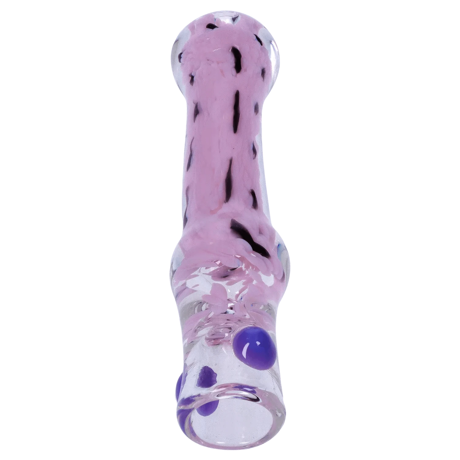 Top-down view of the pink-speckled DHC Frit Cone One Hitter - 3 in. glass piece with raised purple dots along its clear neck