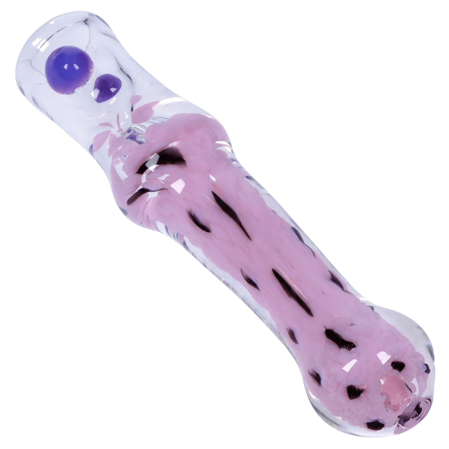Angled close-up of the DHC Frit Cone One Hitter - 3 in. showing clear glass with pink frit and purple glass marbles.