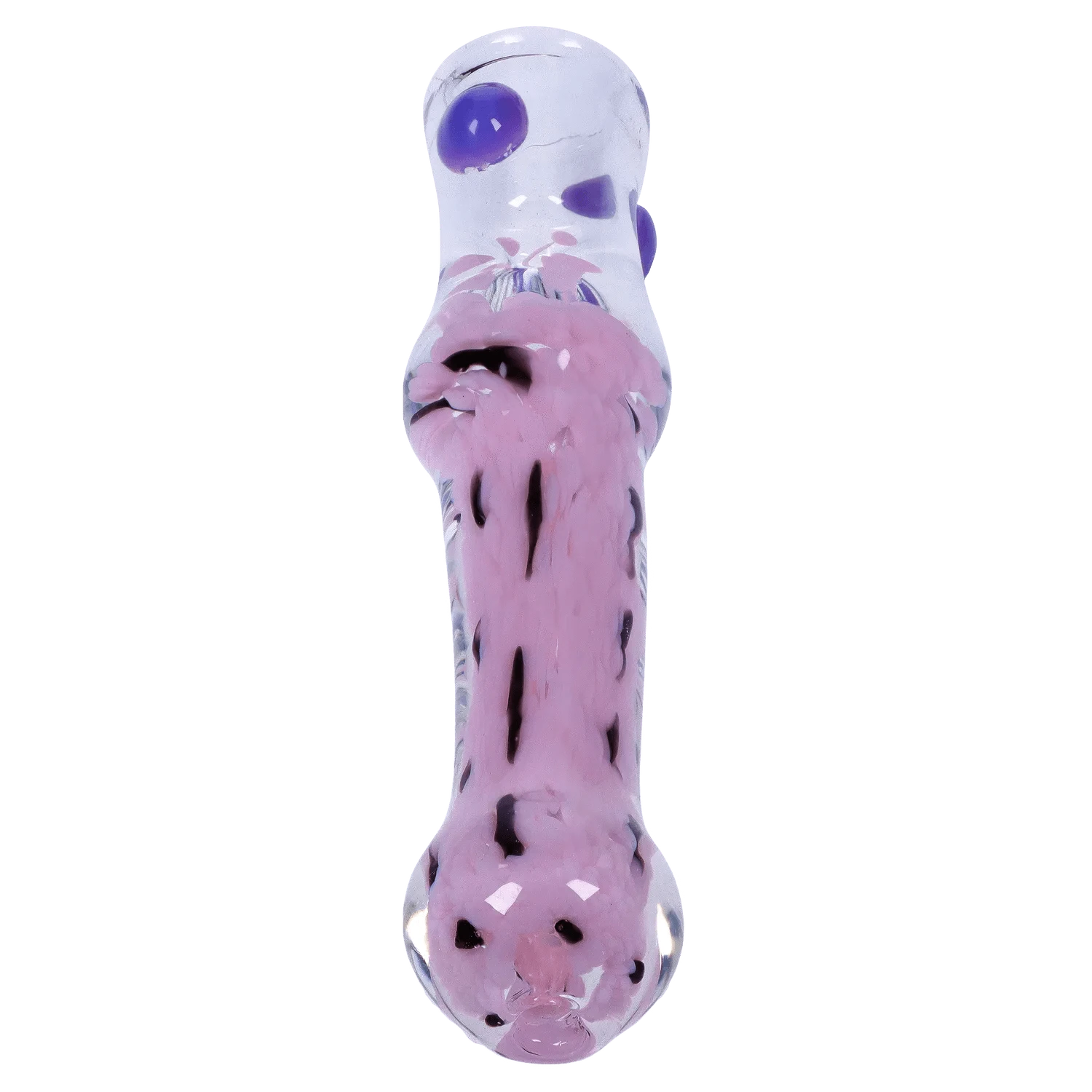 Top-down close-up of the DHC Frit Cone One Hitter - 3 in., showing a clear glass tube with pink frit streaks and purple glass dots.