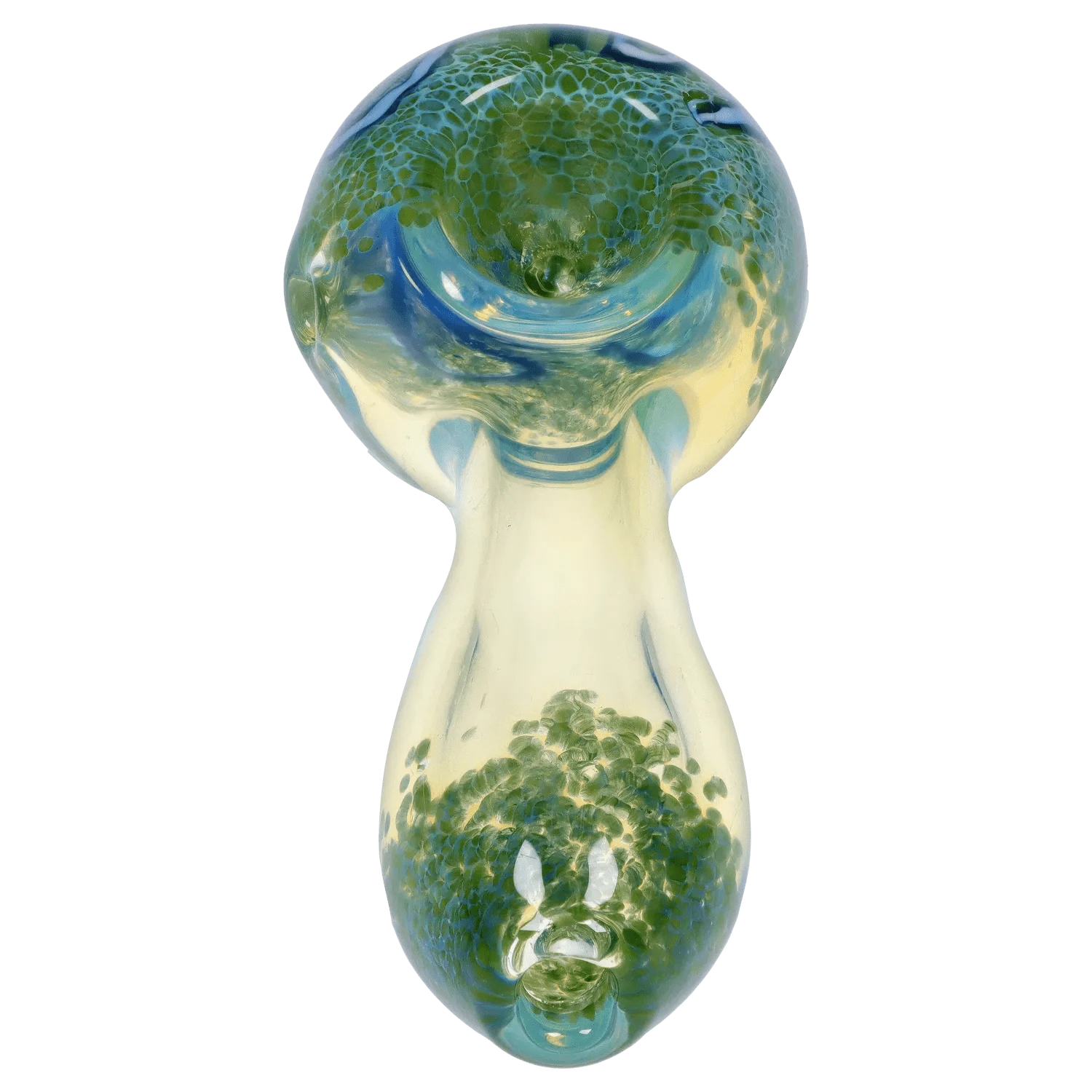 Top-down close-up of the DHC Frit Fumed with Piping Spoon Pipe - 2.5 in., showing its glass bowl with green frit pattern and smooth clear neck.