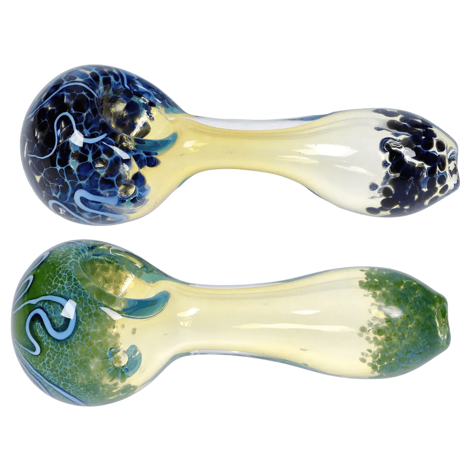 Top-down view of two glass spoons, showing the DHC Frit Fumed with Piping Spoon Pipe - 2.5 in. in blue and green frit patterns with a pale yellow neck.