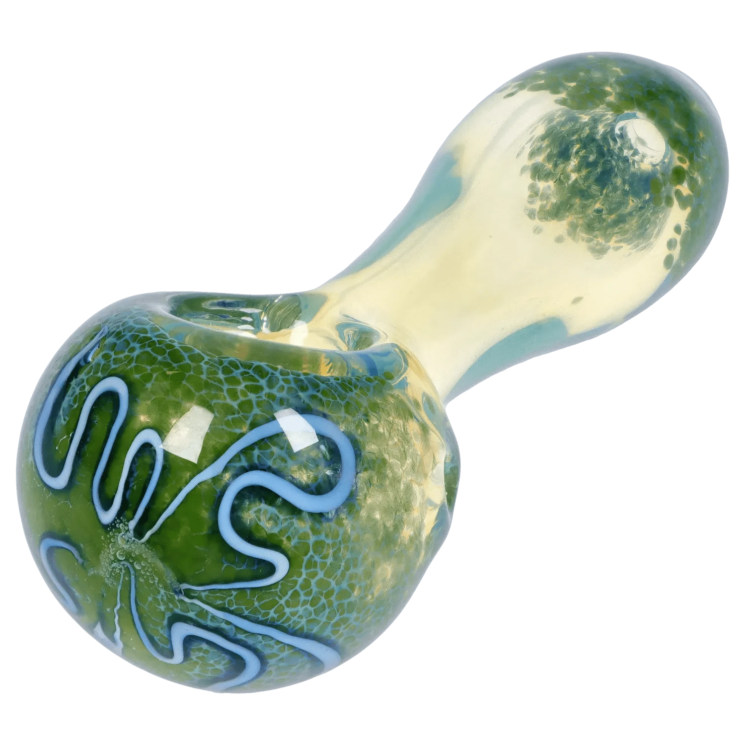 Close-up angled view of the DHC Frit Fumed with Piping Spoon Pipe - 2.5 in., showing its green mottled bowl with white piped swirls and a pale fumed neck.