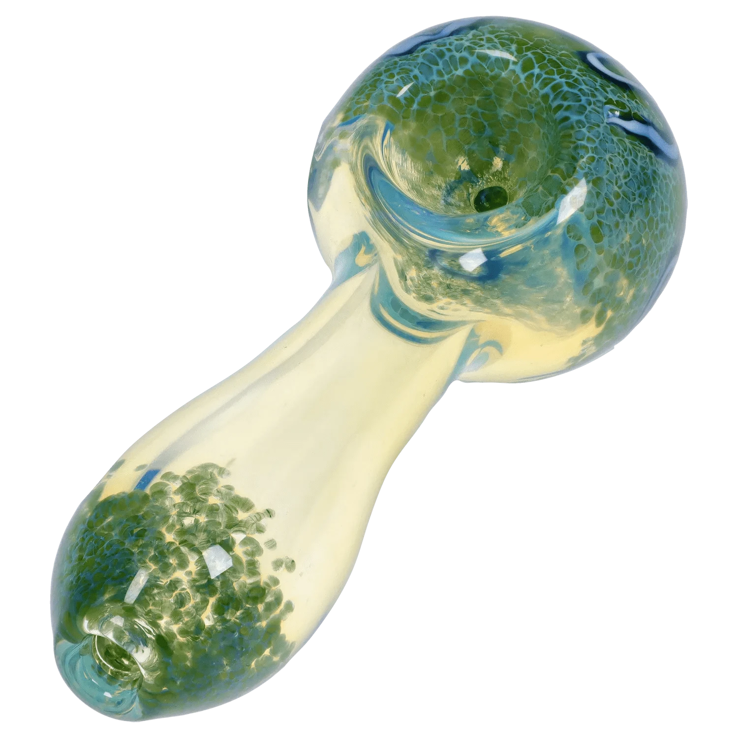 Angled close-up of the DHC Frit Fumed with Piping Spoon Pipe - 2.5 in., showing its glass bowl and green frit pattern under soft reflections.