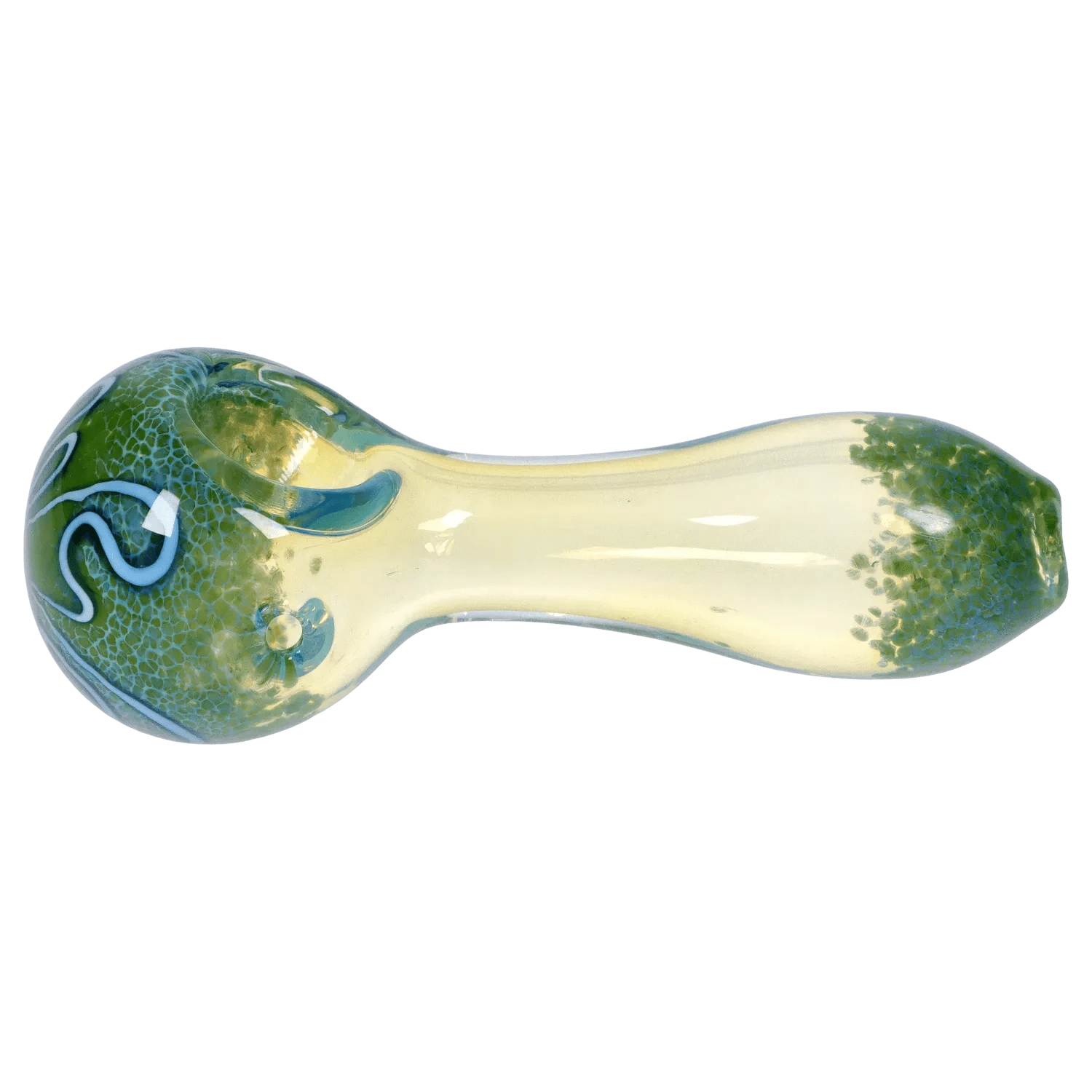 Top-down view of the DHC Frit Fumed with Piping Spoon Pipe - 2.5 in. showing its green frit pattern around the bowl and a pale yellow translucent stem.