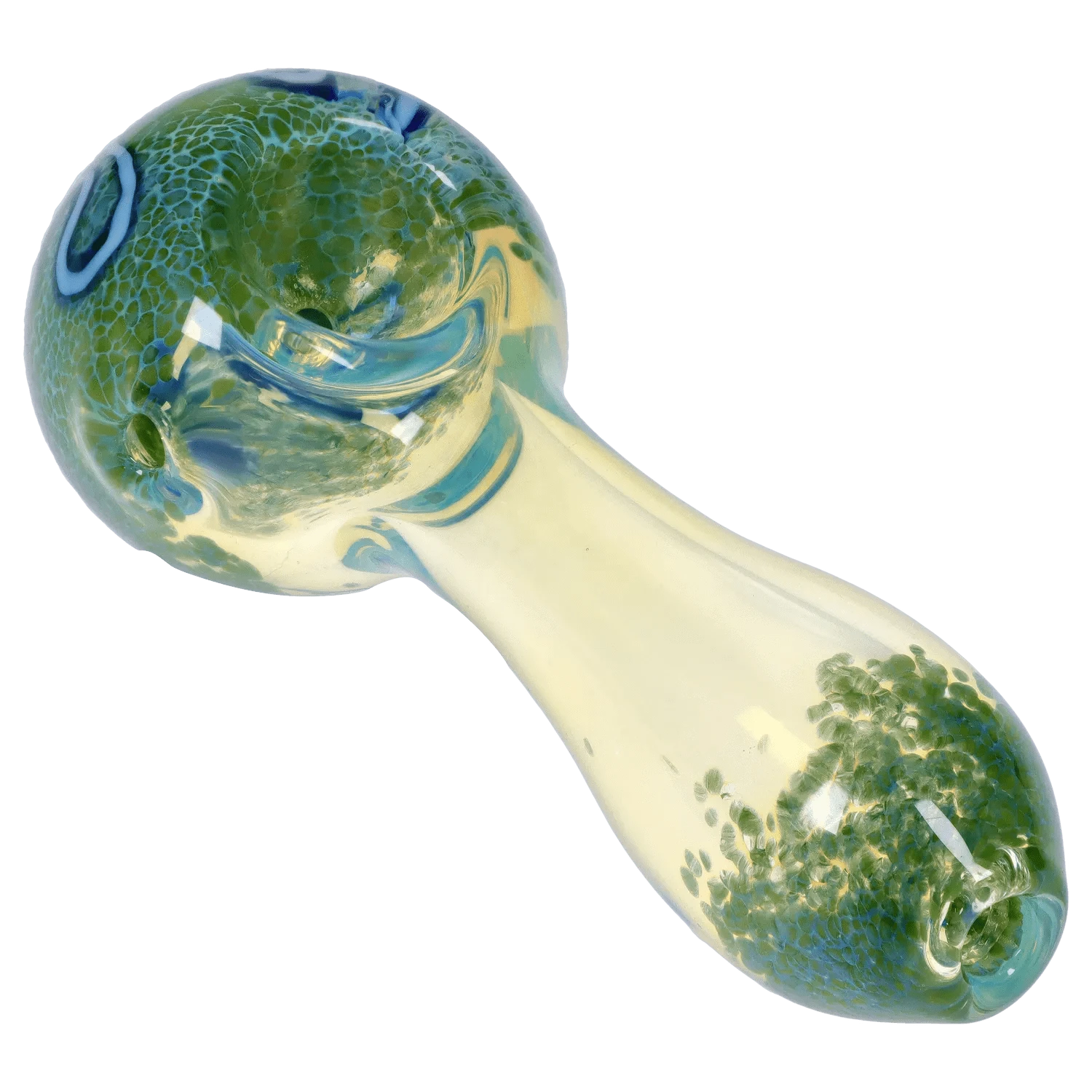 Angled close-up of the DHC Frit Fumed with Piping Spoon Pipe - 2.5 in., showing its green frit patterns and glossy mouthpiece reflections.