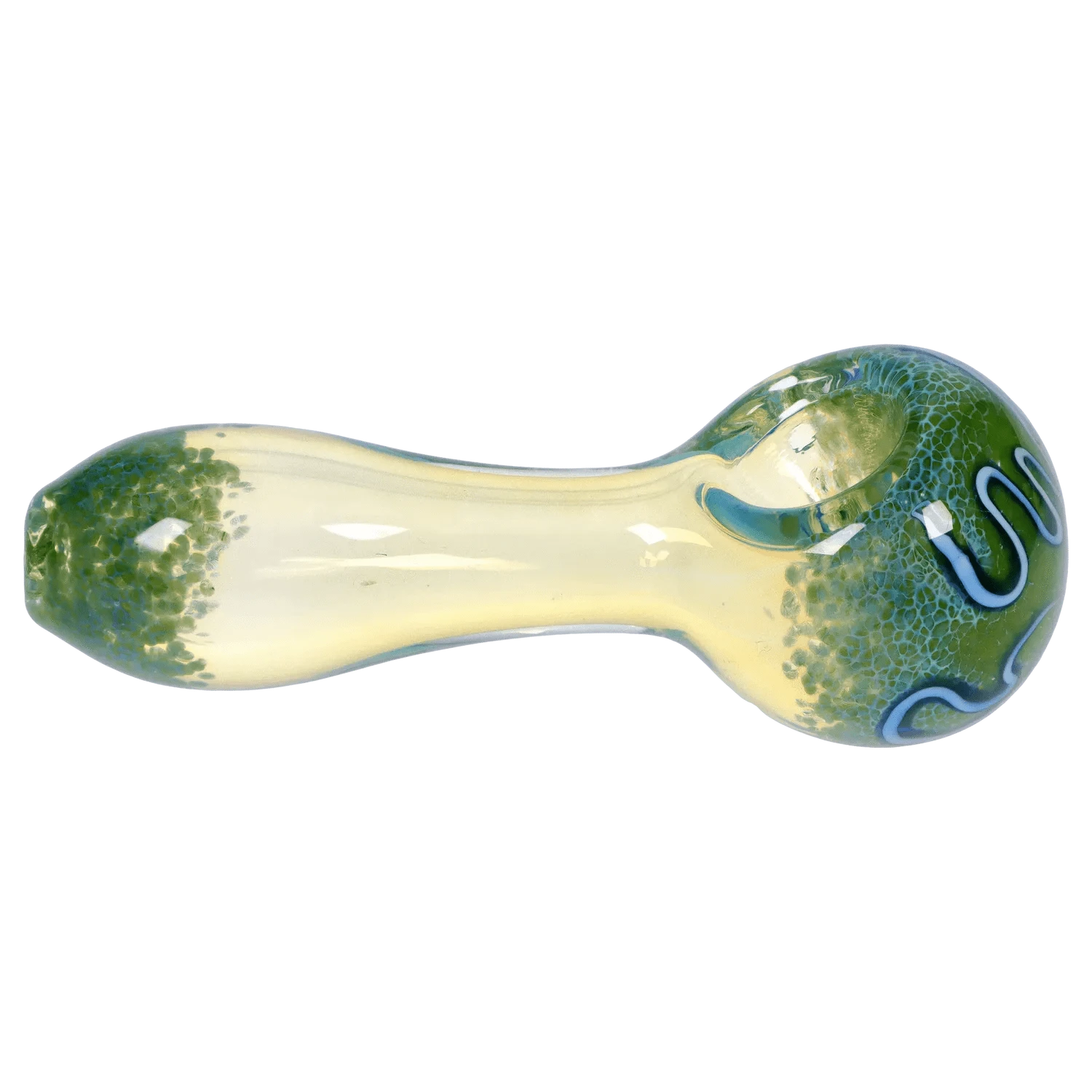 Top-down view of the DHC Frit Fumed with Piping Spoon Pipe - 2.5 in., showing its pale yellow glass body, green frit accents, and blue piped swirls.