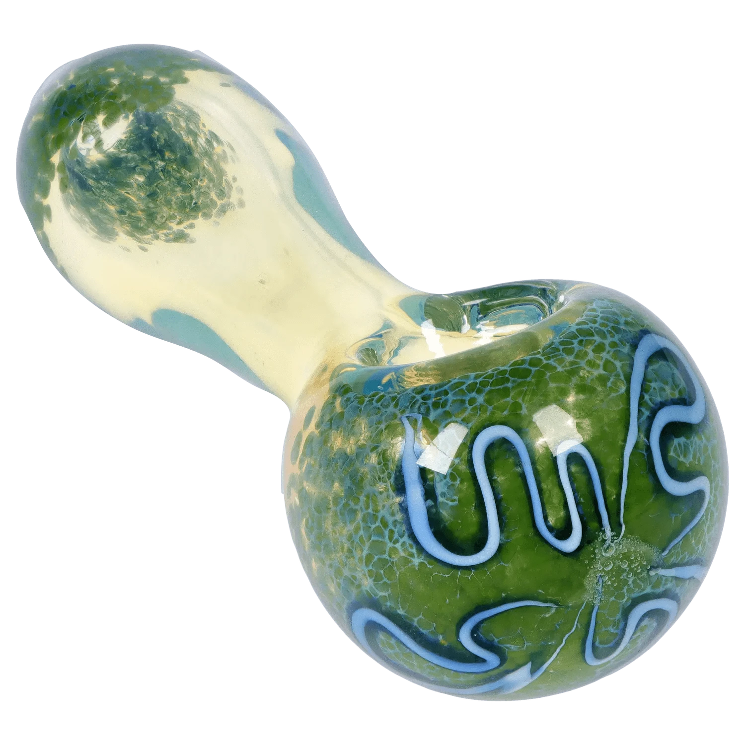 Close-up angled view of the DHC Frit Fumed with Piping Spoon Pipe - 2.5 in., showing its green fritted bowl with pale blue piped swirls and a translucent yellowish neck.