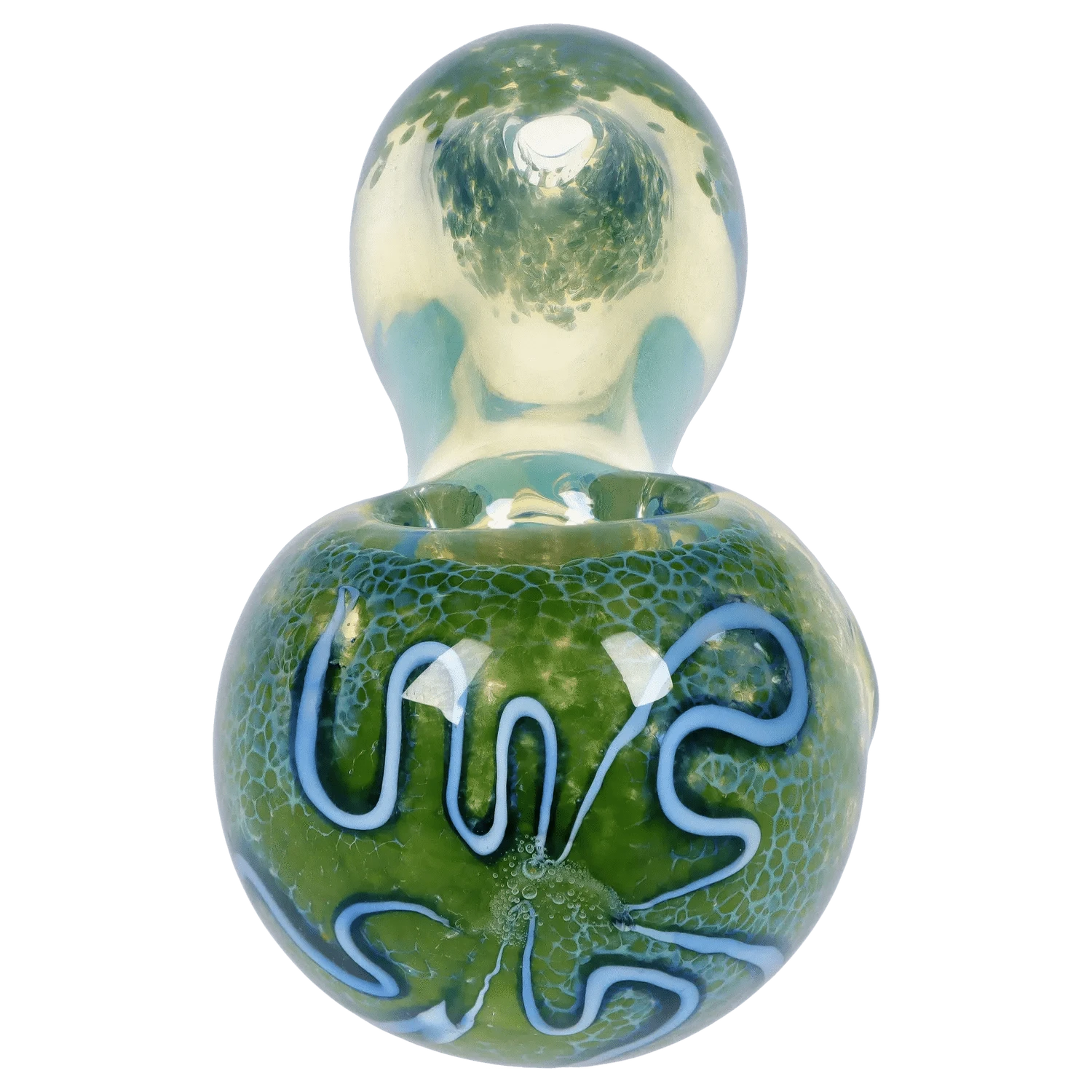 Top-down close-up of the DHC Frit Fumed with Piping Spoon Pipe - 2.5 in., showing a glossy green bowl with pale blue raised piping and a rounded mouthpiece.