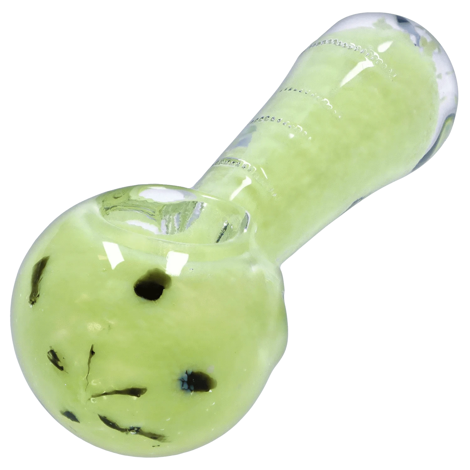 Close-up angled view of the DHC Frit Marble Rim Pastel Spoon Pipe - 2.5 in., showing its pale green marbled bowl, glass rim details, and glossy surface reflections