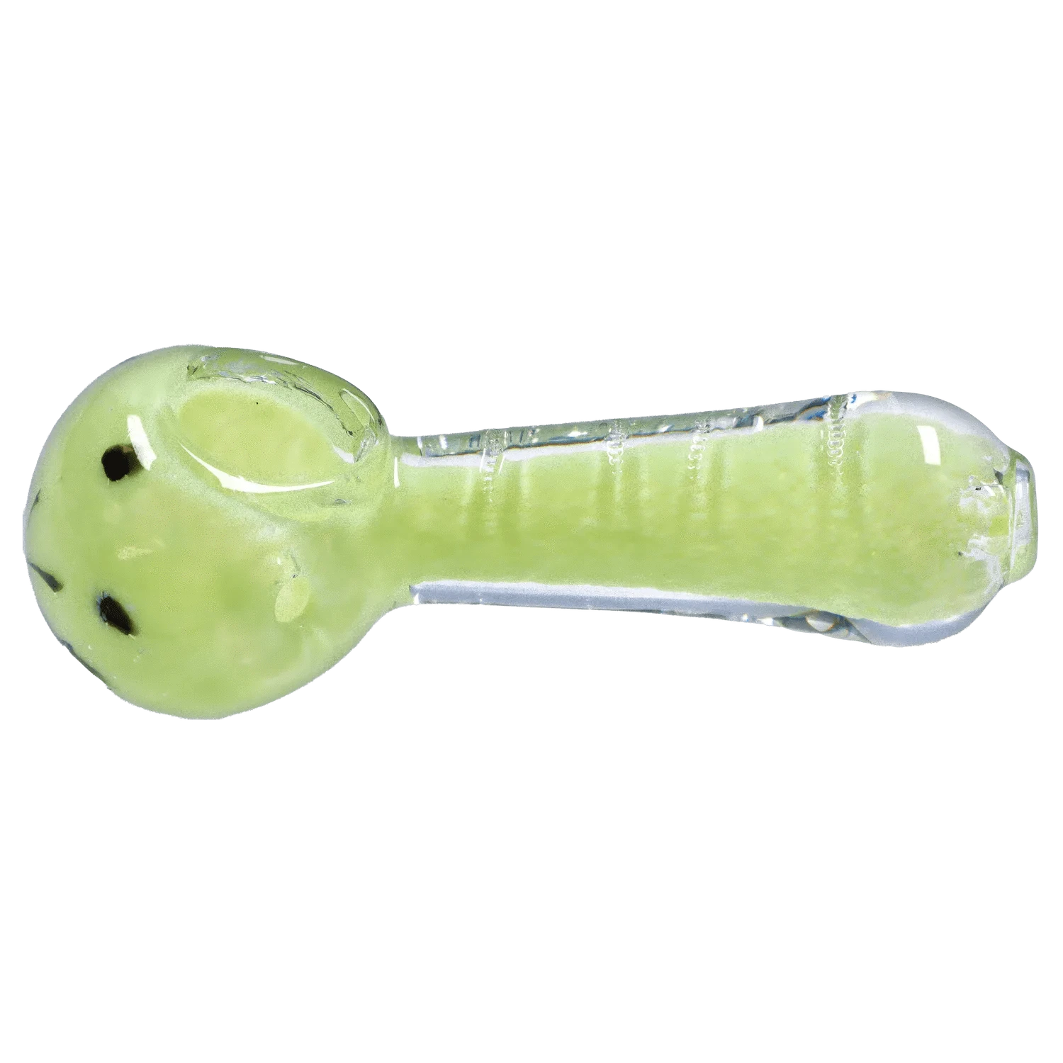 Top-down view of the lime-green DHC Frit Marble Rim Pastel Spoon Pipe - 2.5 in., showing the rounded bowl, clear glass rim, and textured pastel interior.