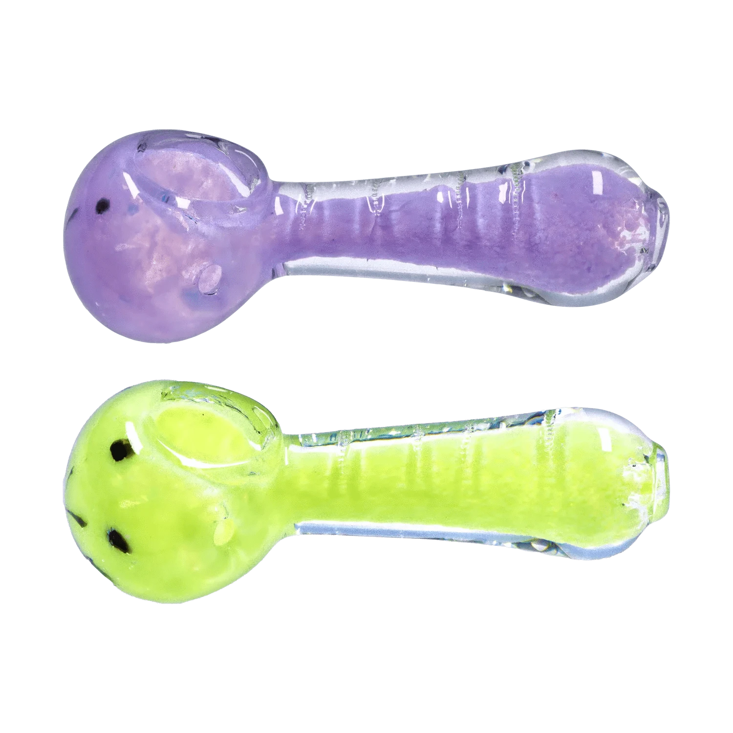 Top-down view of two 2.5 in. DHC Frit Marble Rim Pastel Spoon Pipe pieces, one lavender and one lime, on a plain background.