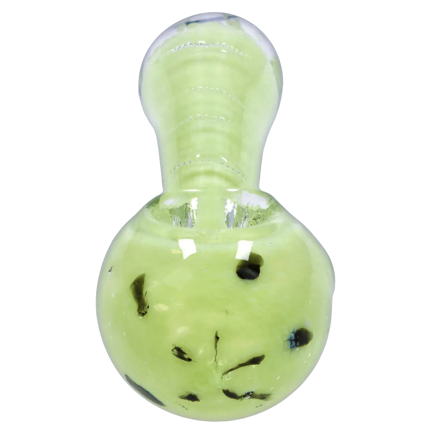 Top-down close-up of the pale green DHC Frit Marble Rim Pastel Spoon Pipe - 2.5 in., showing its rounded bowl and dark frit speckles.