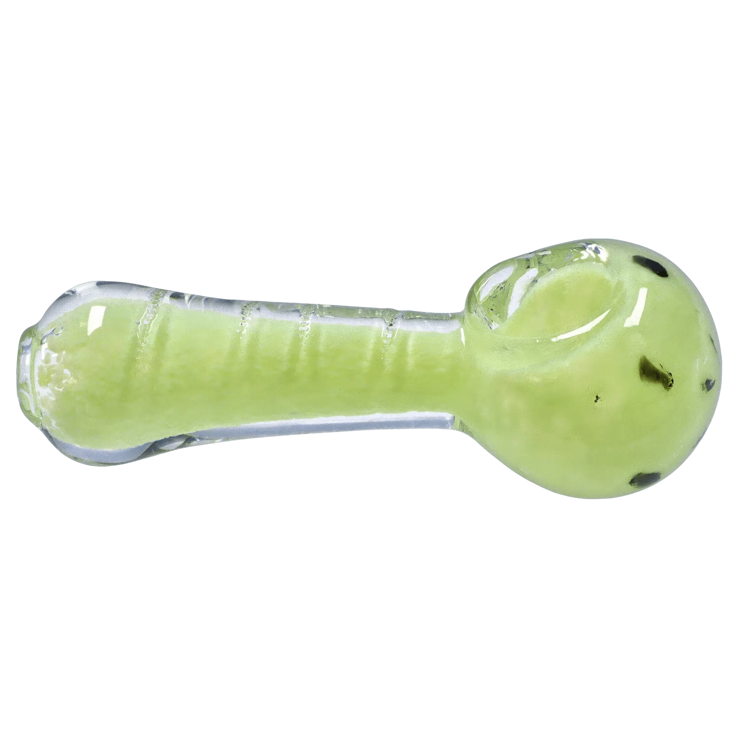 Top-down view of the DHC Frit Marble Rim Pastel Spoon Pipe - 2.5 in., showing a pale lime-green glass body with a rounded bowl and clear outer rim.