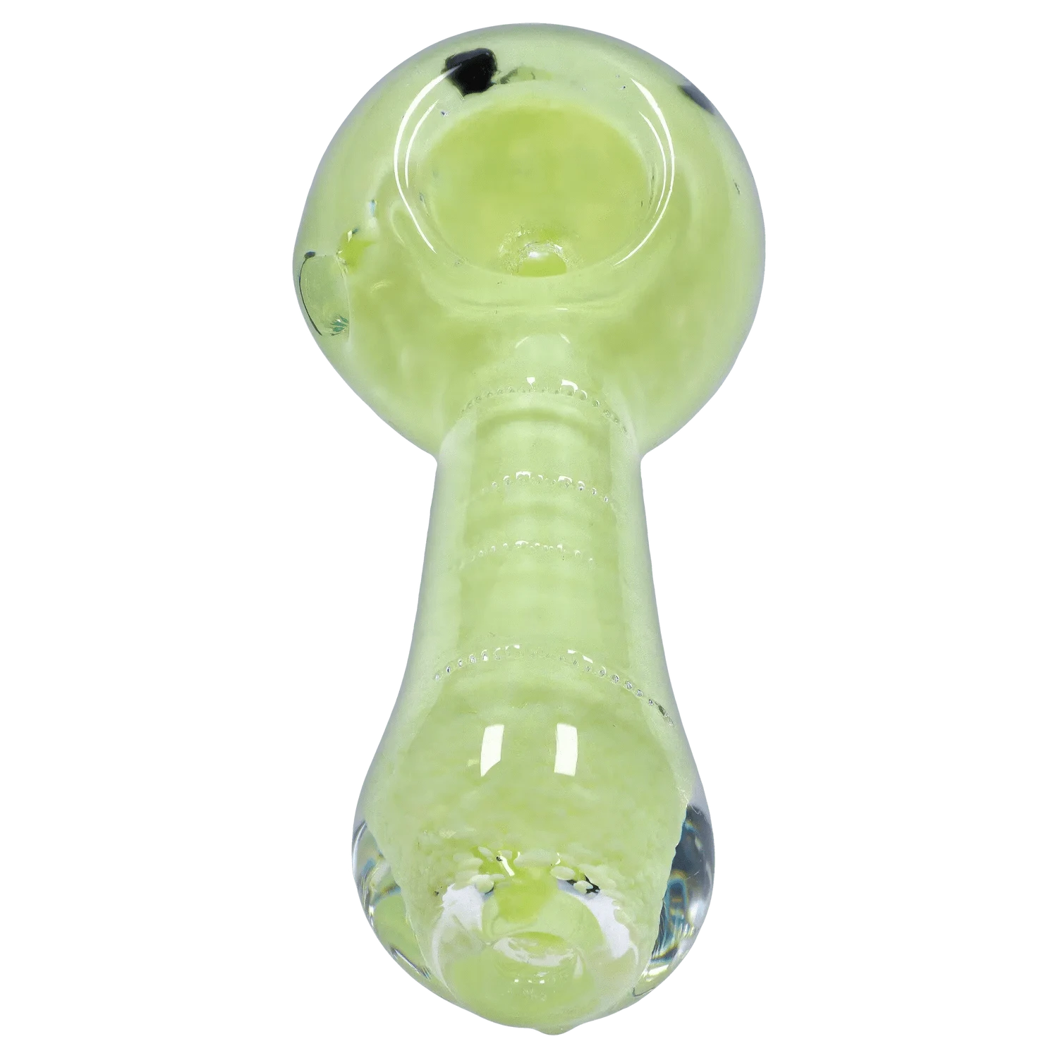 Top-down close-up of the pale green DHC Frit Marble Rim Pastel Spoon Pipe - 2.5 in., showing its rounded bowl, tubular stem and glossy surface.