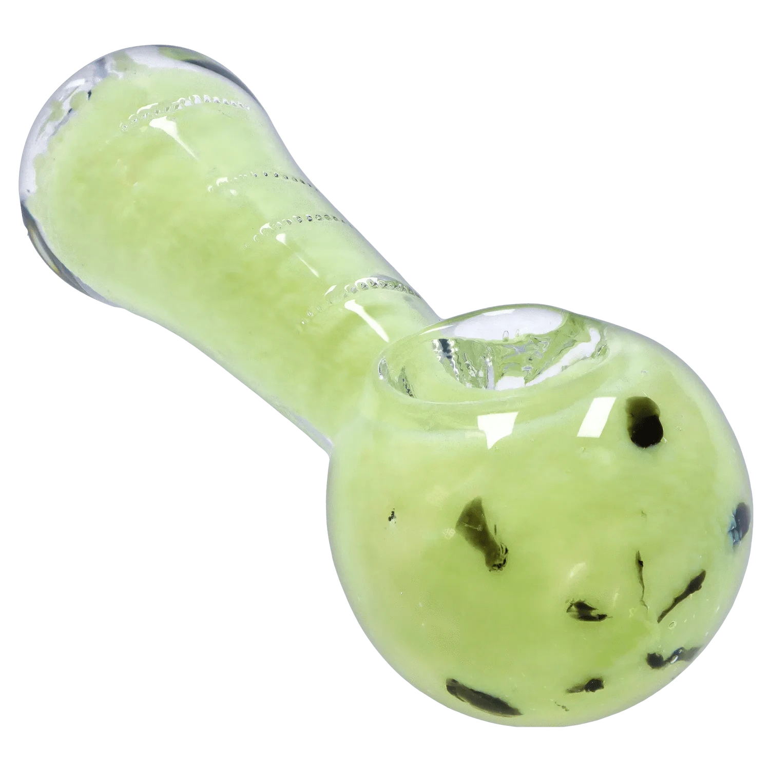 Close-up angled view of the DHC Frit Marble Rim Pastel Spoon Pipe - 2.5 in., showing its pale green marbled bowl and clear-glass rim with glossy highlights