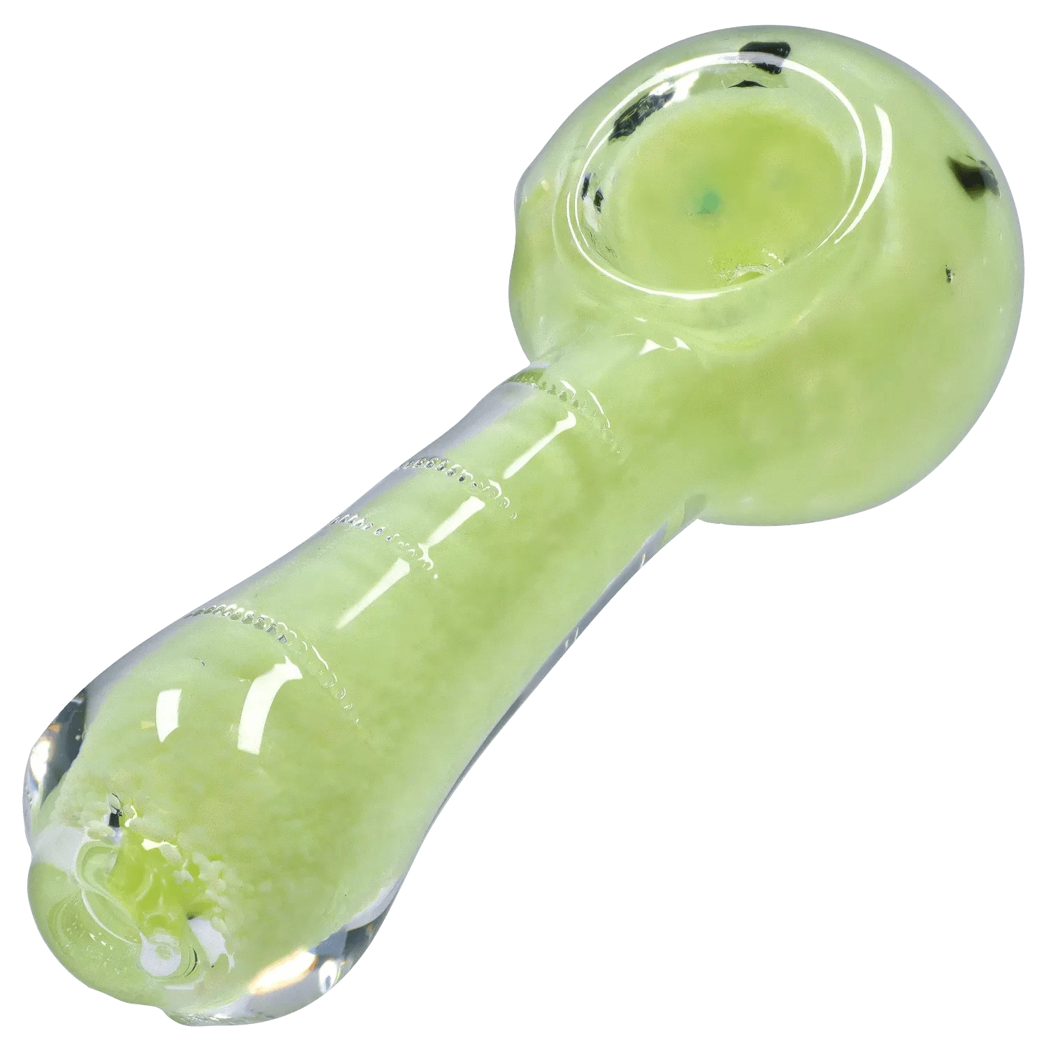 Close-up angled view of the pale green DHC Frit Marble Rim Pastel Spoon Pipe - 2.5 in., showing the rounded bowl, textured frit interior, and glossy glass highlights