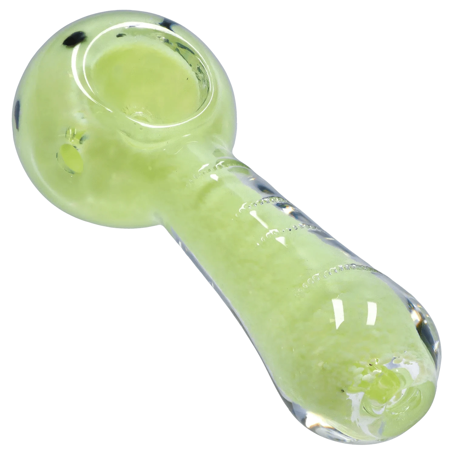 Close-up angled view of the DHC Frit Marble Rim Pastel Spoon Pipe - 2.5 in., showing its pale lime glass bowl and rounded stem with clear rim reflections