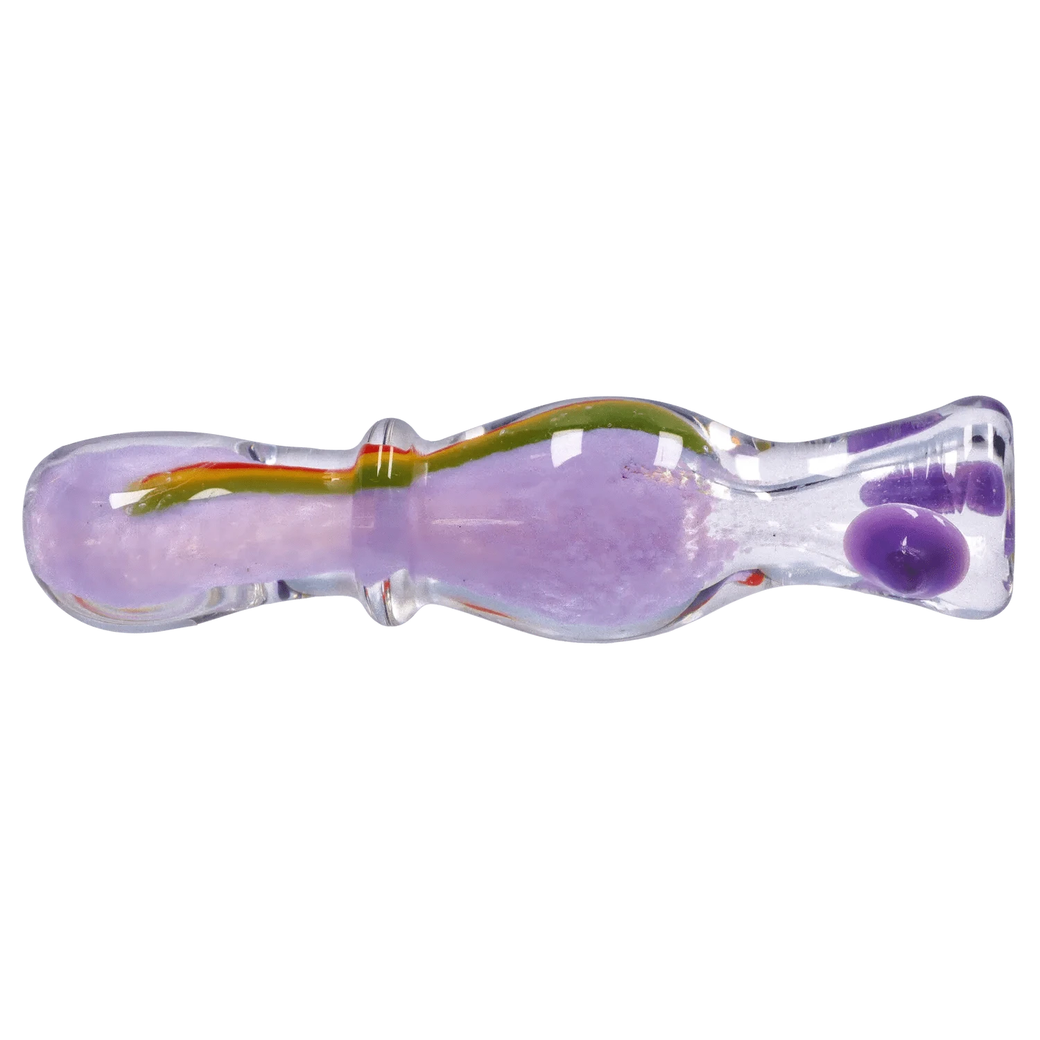 Top-down view of the DHC Frit Rasta One Hitter - 3 in. showing a clear glass body with lavender frit interior and a thin green-red rasta stripe.
