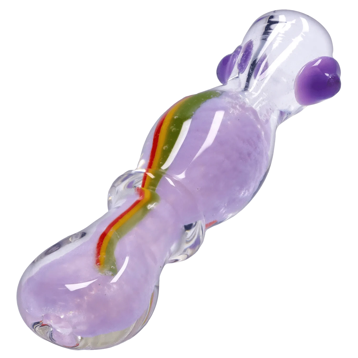 Angled close-up of the clear glass DHC Frit Rasta One Hitter - 3 in. showing lavender frit, a central red-yellow-green rasta stripe, and purple glass accents.