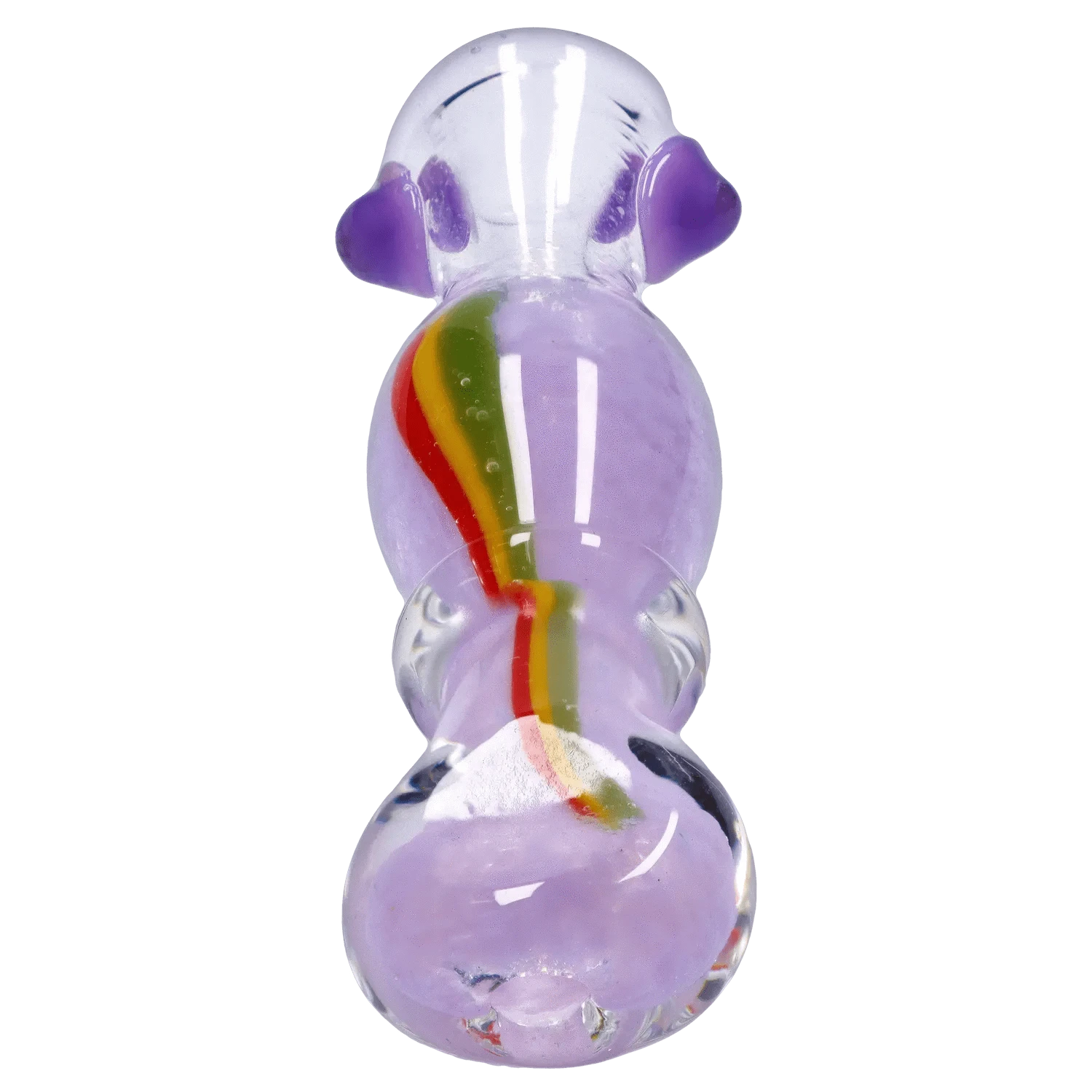 Top-down close-up of the DHC Frit Rasta One Hitter - 3 in., showing lavender glass bulbs with a rainbow frit stripe and purple accent knobs.