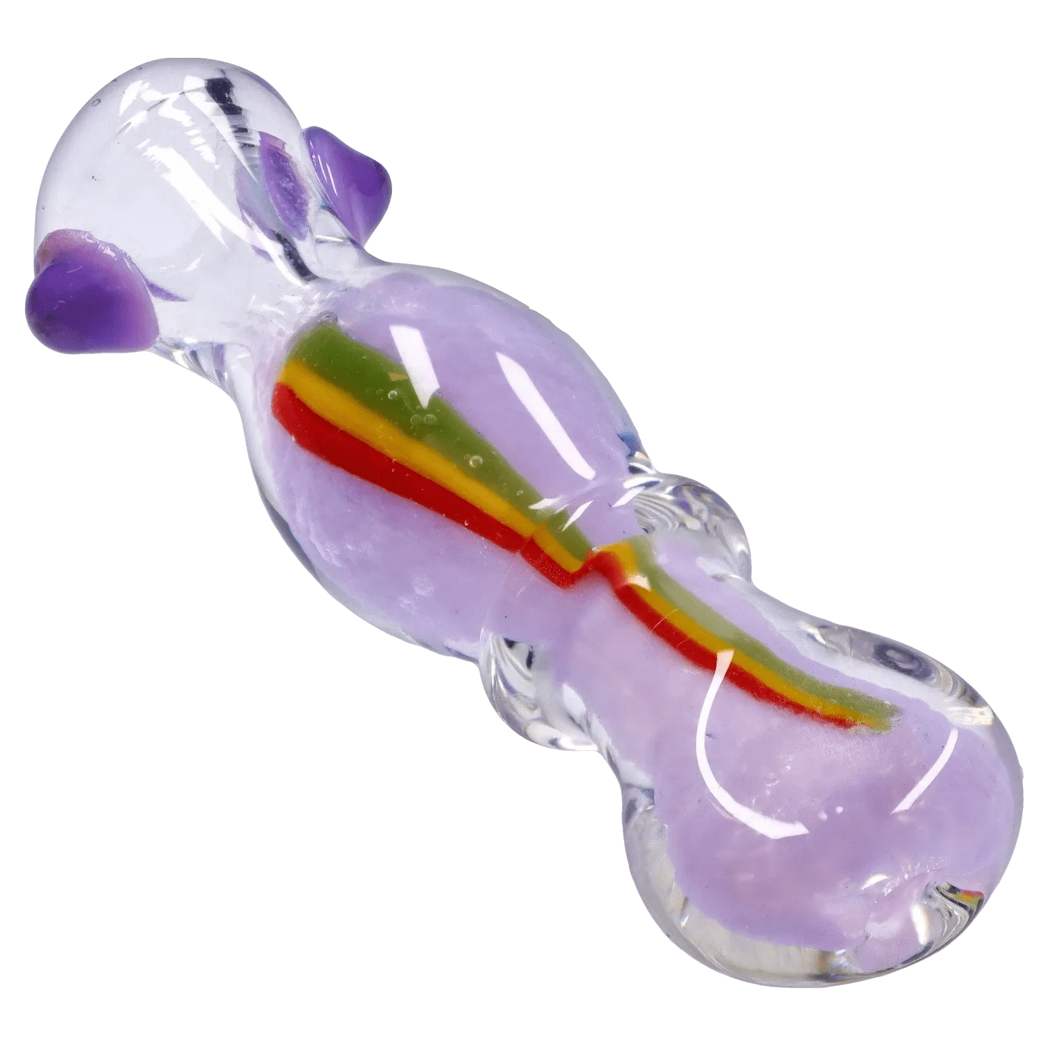 Angled close-up of the DHC Frit Rasta One Hitter - 3 in., showing its clear glass body with lavender frit and a red‑yellow‑green rasta stripe.