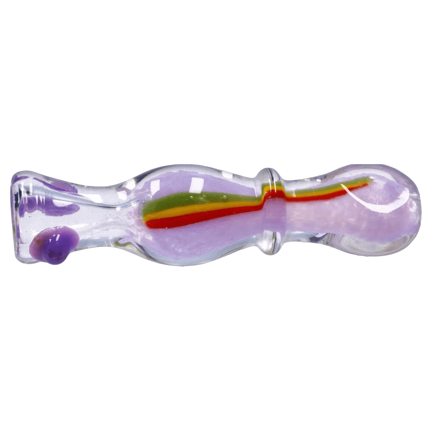 Side view of the DHC Frit Rasta One Hitter - 3 in. showing a clear glass tube with lavender frit inside and a central red‑yellow‑green rasta stripe.