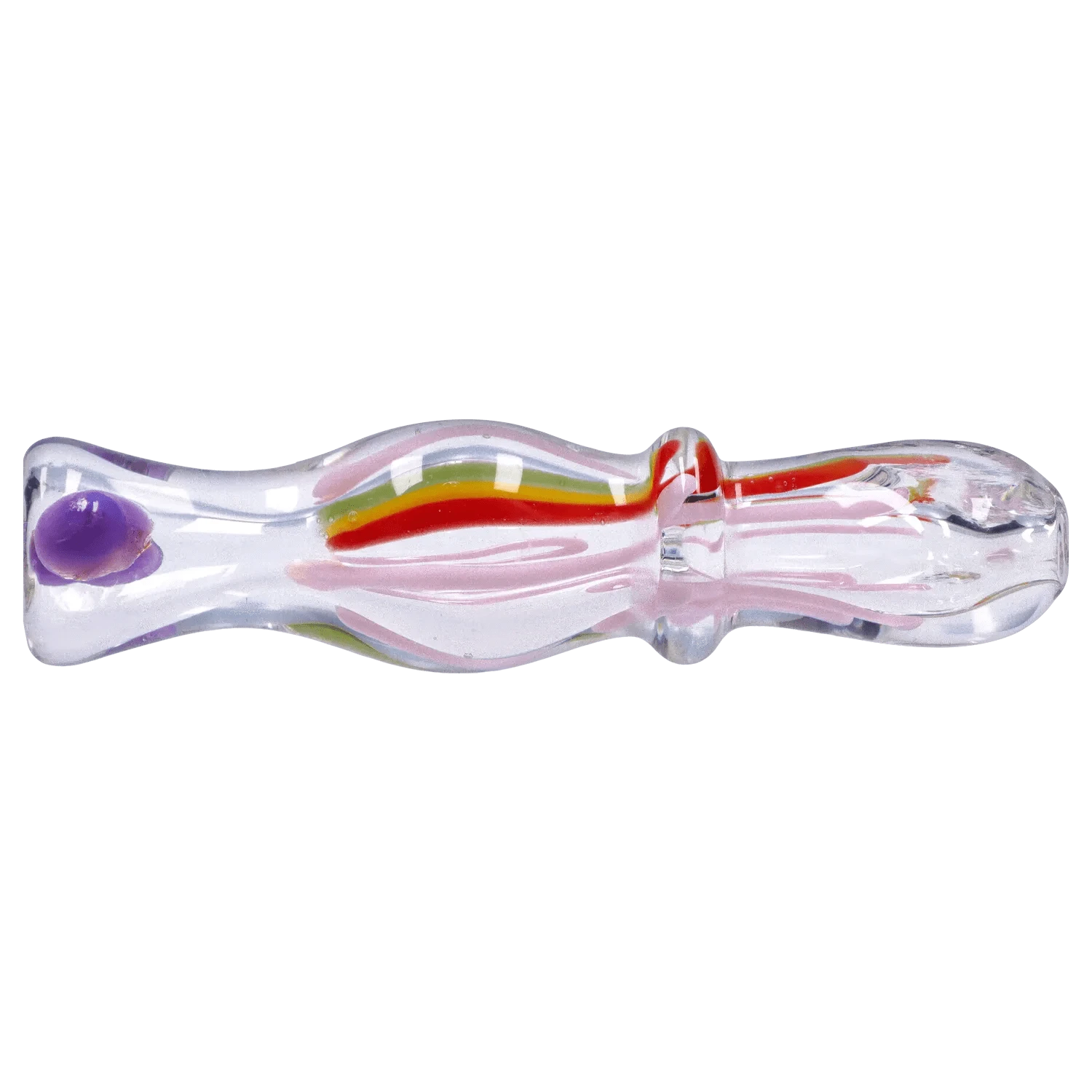 Side view of the clear glass DHC Frit Rasta One Hitter - 3 in. with pink swirls, a central red-yellow-green stripe and a purple glass dot.