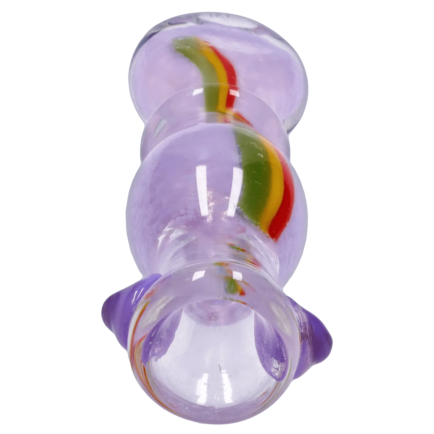 Top-down close-up of a translucent lavender DHC Frit Rasta One Hitter - 3 in. showing a curved red-yellow-green frit stripe.