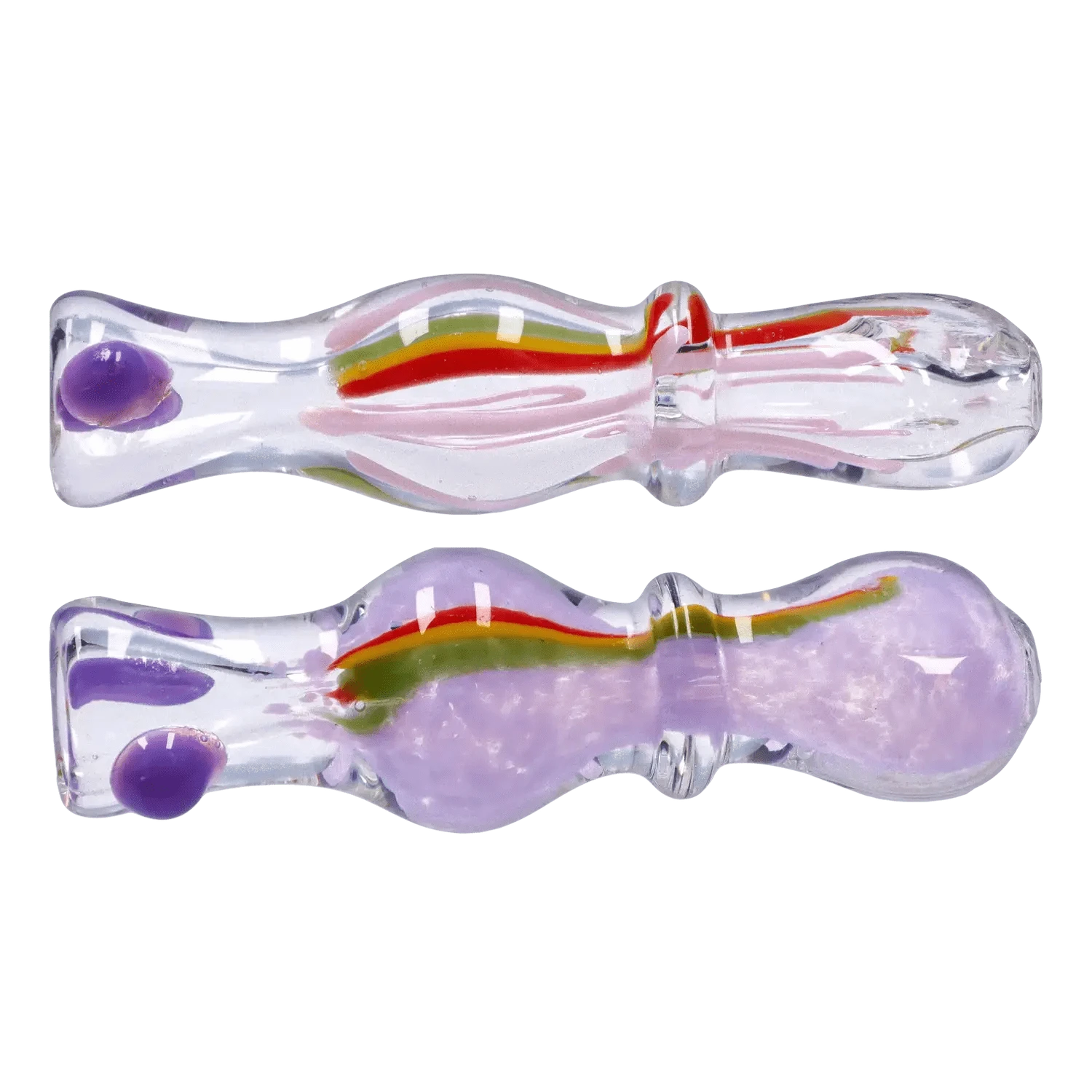 Top-down view of two clear glass DHC Frit Rasta One Hitter - 3 in. tubes with purple accents and internal red‑yellow‑green rasta stripe.