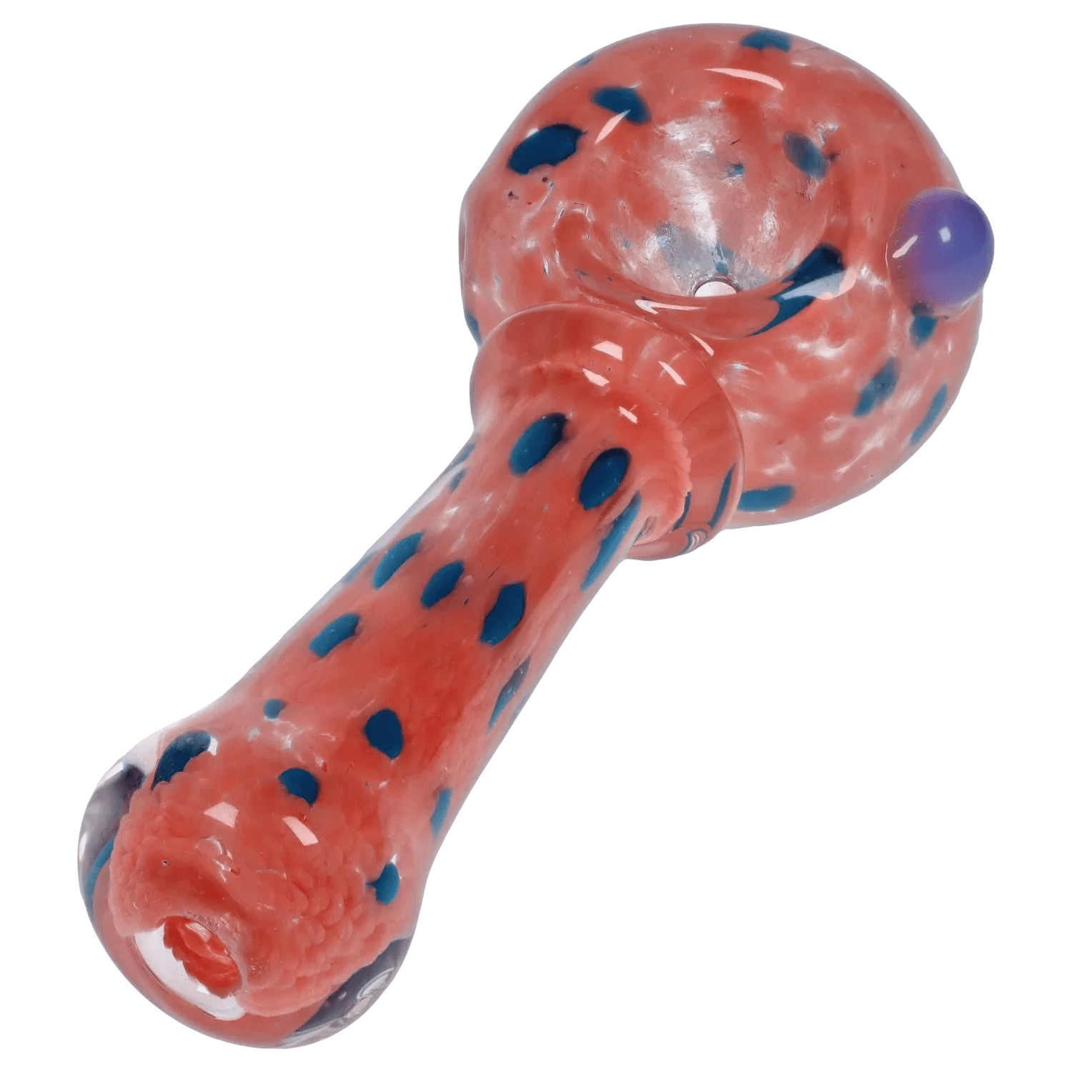 Angled close-up of the DHC Frit with Twisted Mouthpiece Spoon Pipe - 4 in., showing its coral-red glass body with blue speckles and a purple rounded carb.
