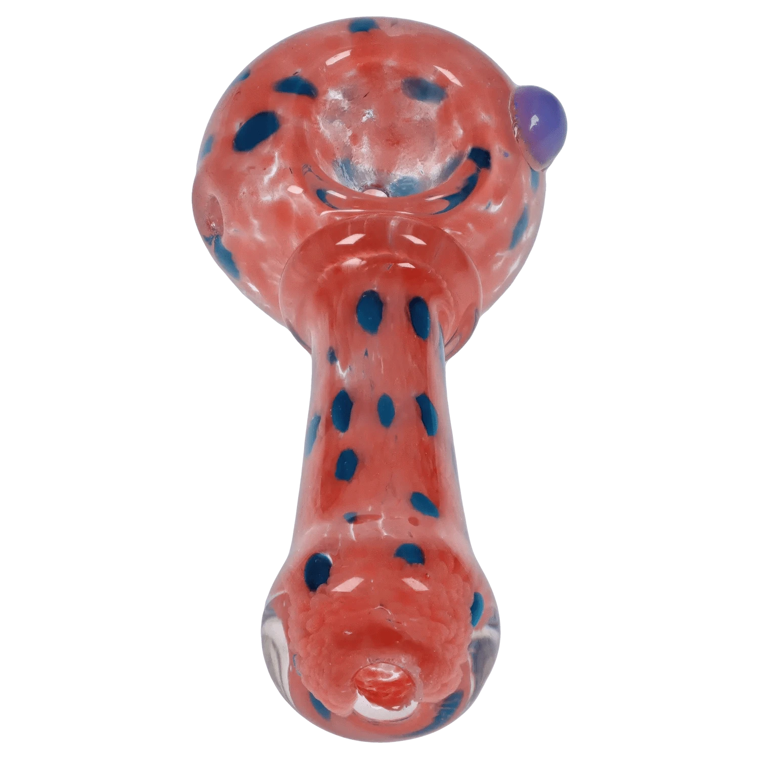 Top-down close-up of the DHC Frit with Twisted Mouthpiece Spoon Pipe - 4 in., showing a coral glass bowl and neck with scattered blue frit spots and a purple thumb rest.