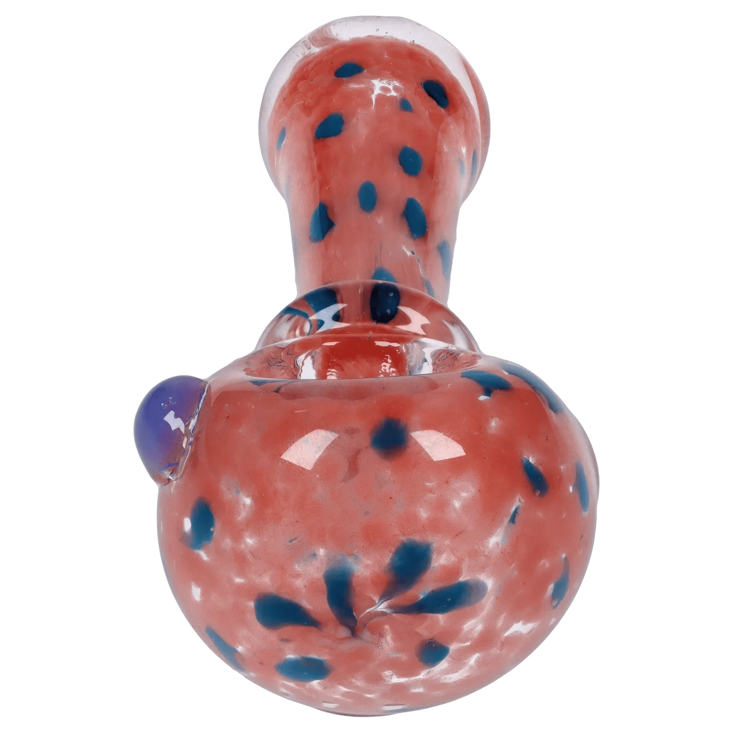 Top-down close-up of the DHC Frit with Twisted Mouthpiece Spoon Pipe - 4 in., showing its pink glass body with scattered blue frit spots and a glossy rounded bowl.