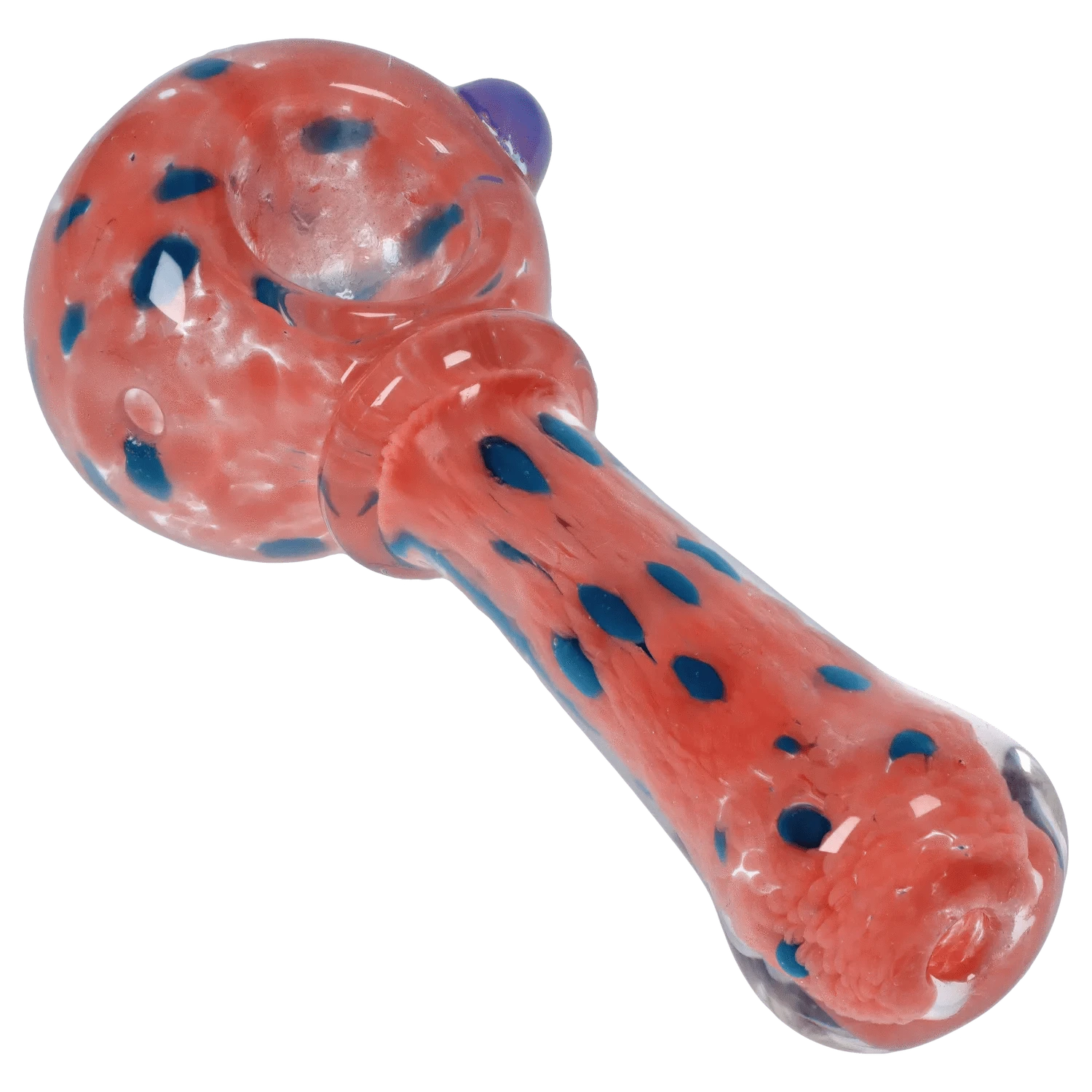 Angled close-up of the DHC Frit with Twisted Mouthpiece Spoon Pipe - 4 in., showing a coral glass body with scattered blue dots and a clear rounded bowl.
