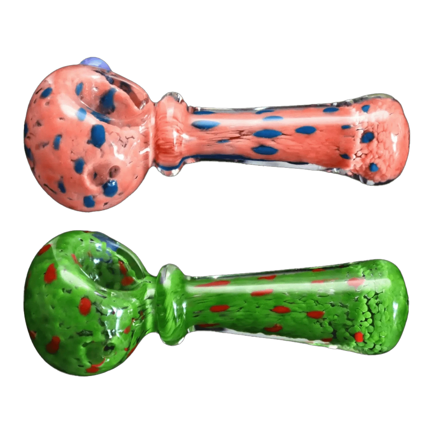 Top-down view of two glass spoon pipes, the DHC Frit with Twisted Mouthpiece Spoon Pipe - 4 in. shown in pink with blue flecks above a green model with red speckles.