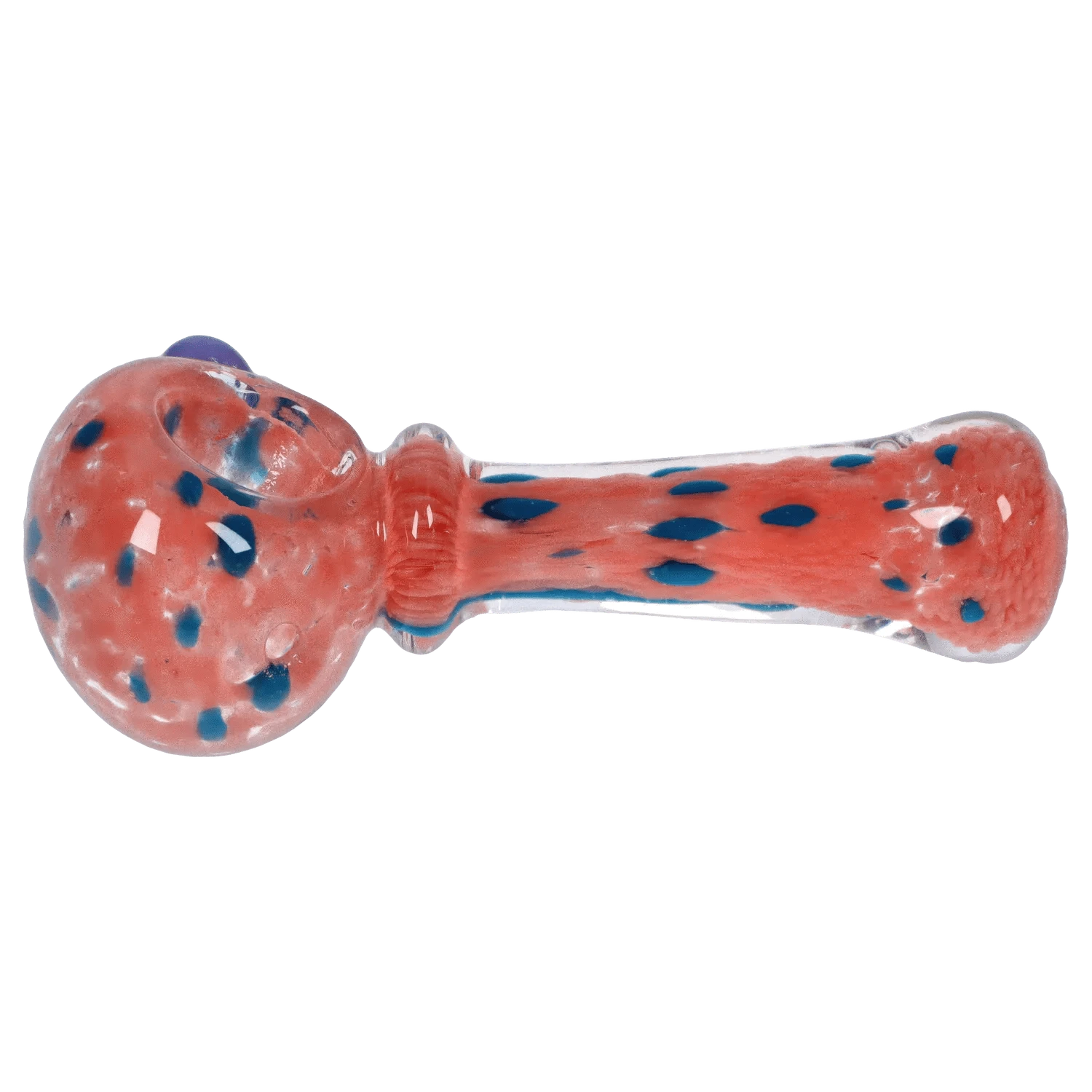 Top-down view of the DHC Frit with Twisted Mouthpiece Spoon Pipe - 4 in., showing a coral glass bowl and stem with scattered blue frit dots.